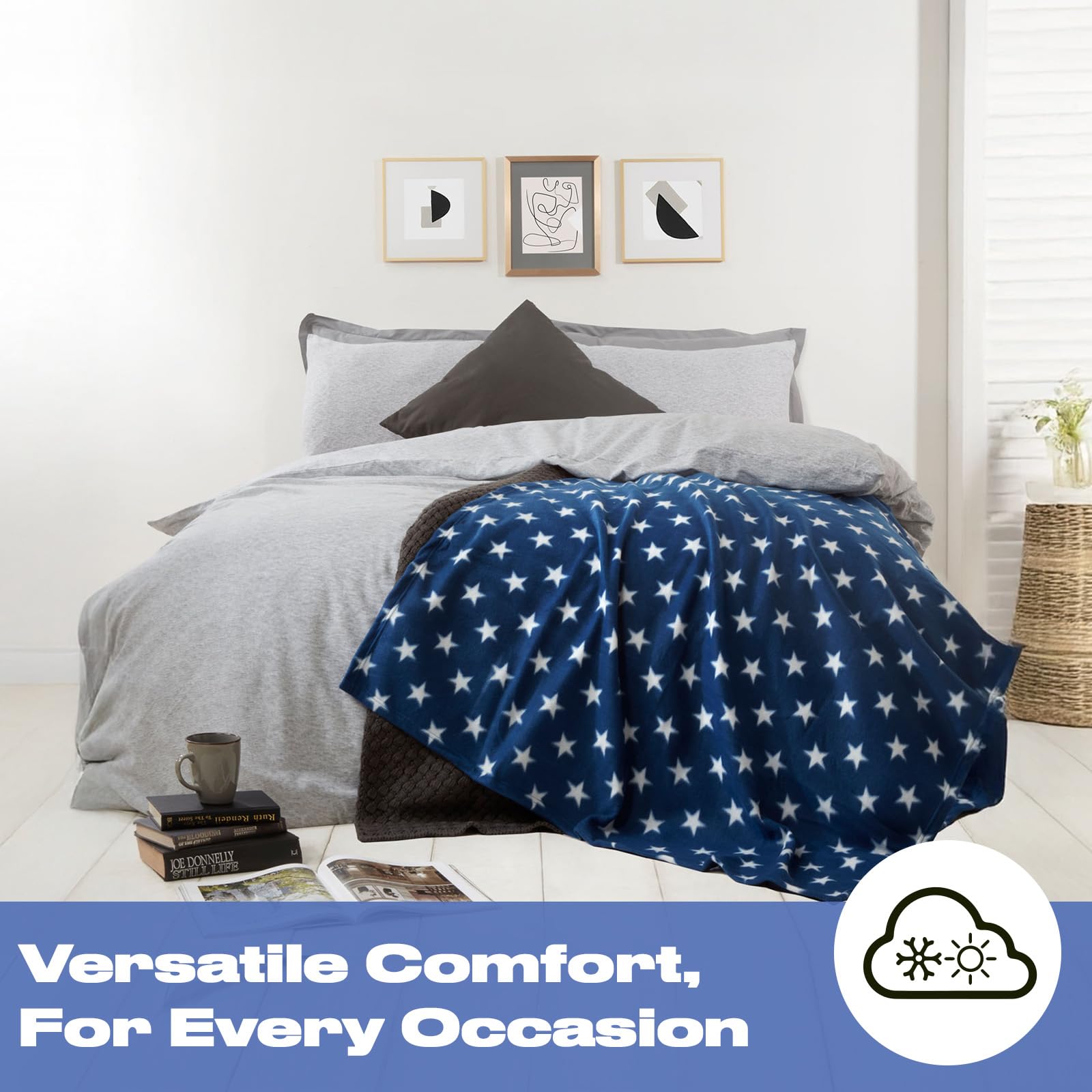 Flannel Fleece Stars Throw Blanket Navy Blue White 50x60
