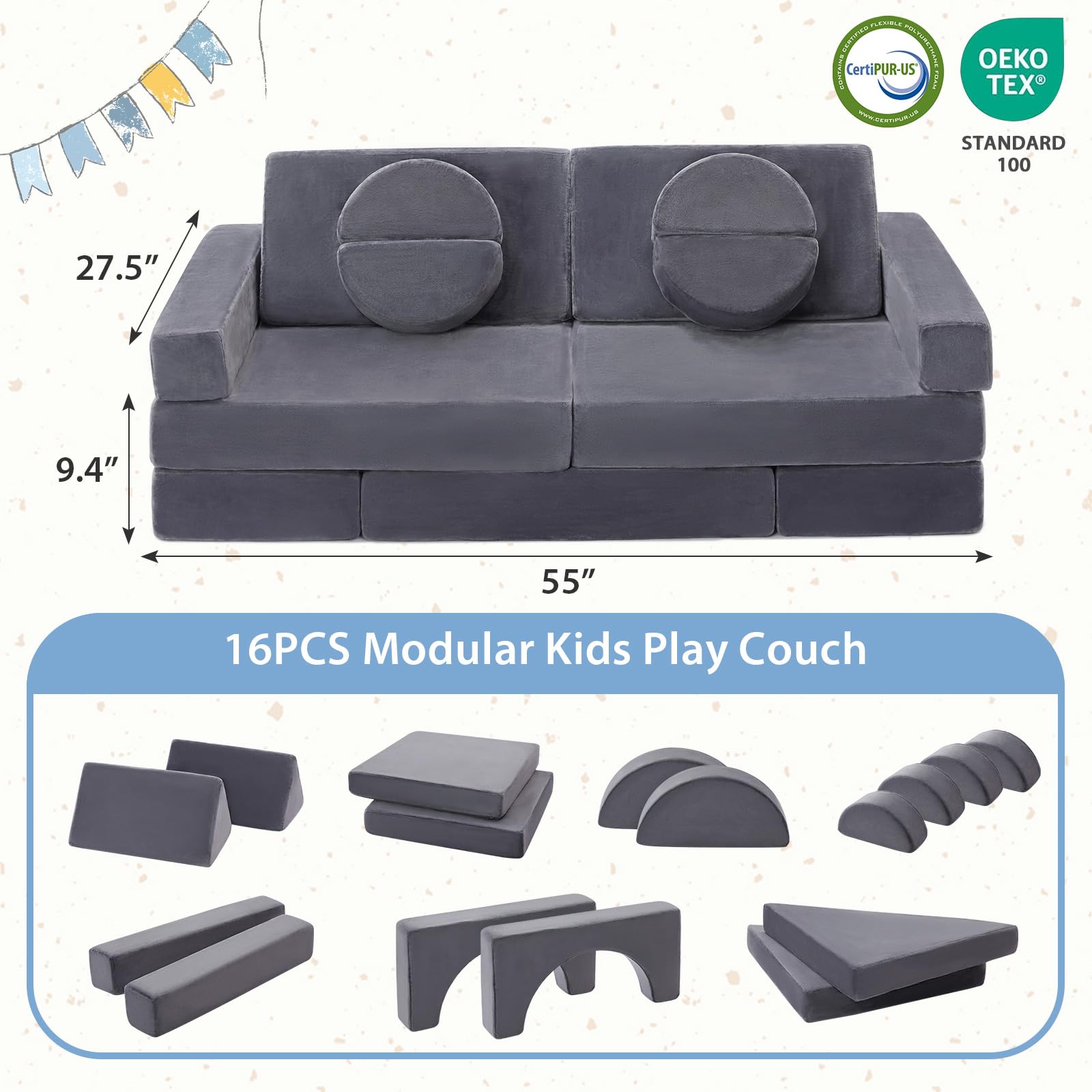 16-Piece Modular Kids Play Couch