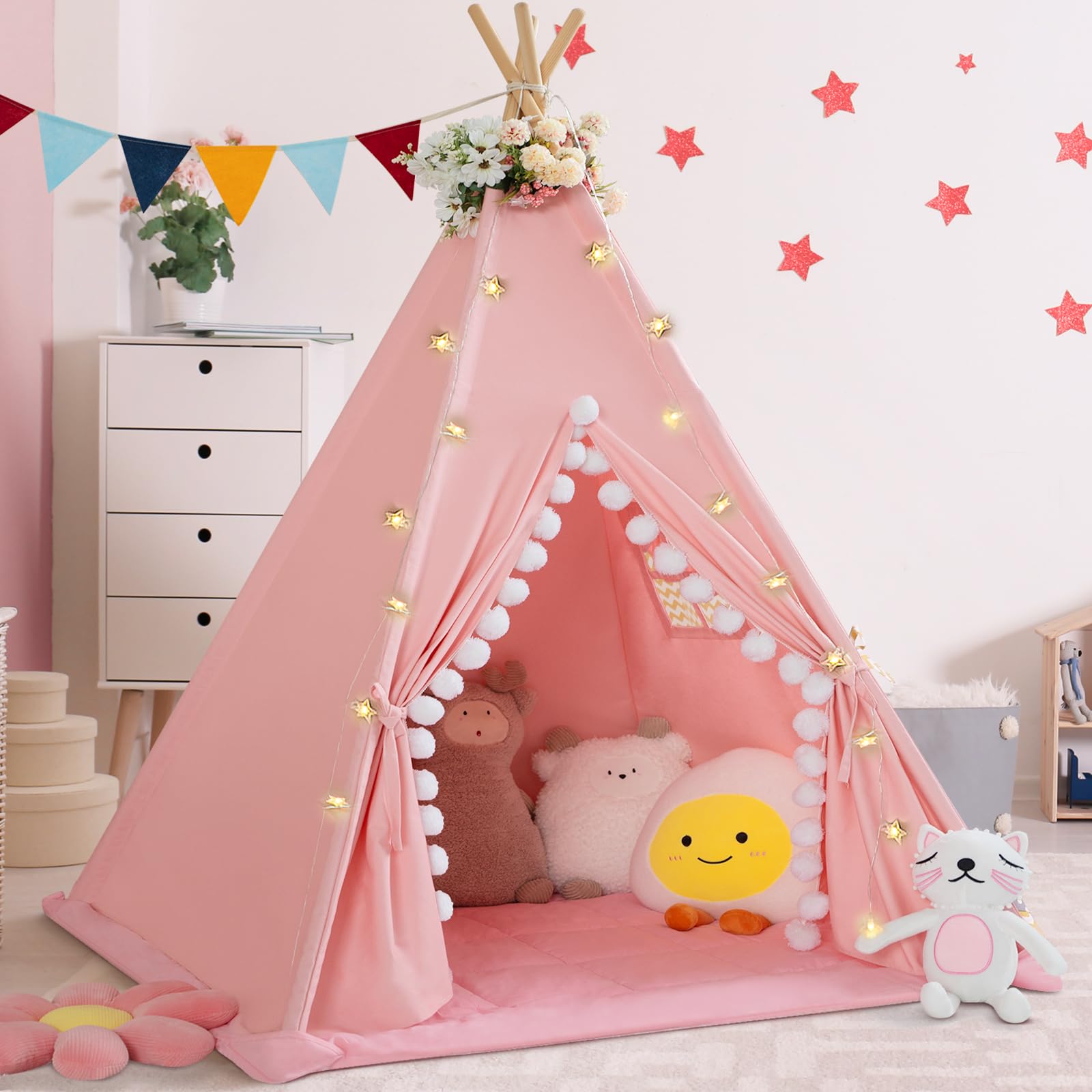 Tent for Kids with Padded Mat Cotton Canvas Kids Tent with Pompom