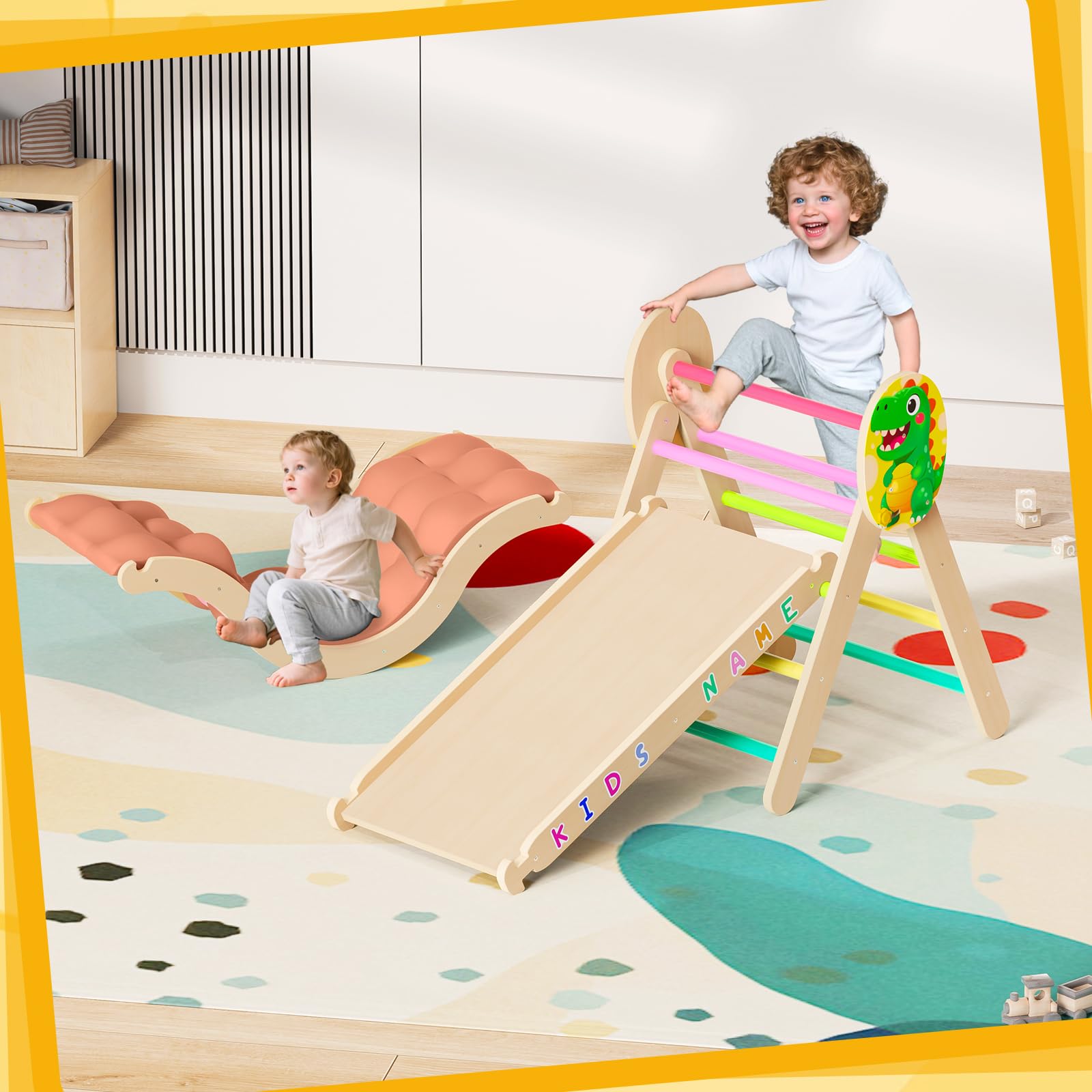 Dinosaur Pikler Triangle Climbing Set with Arch Ramp and Cushion