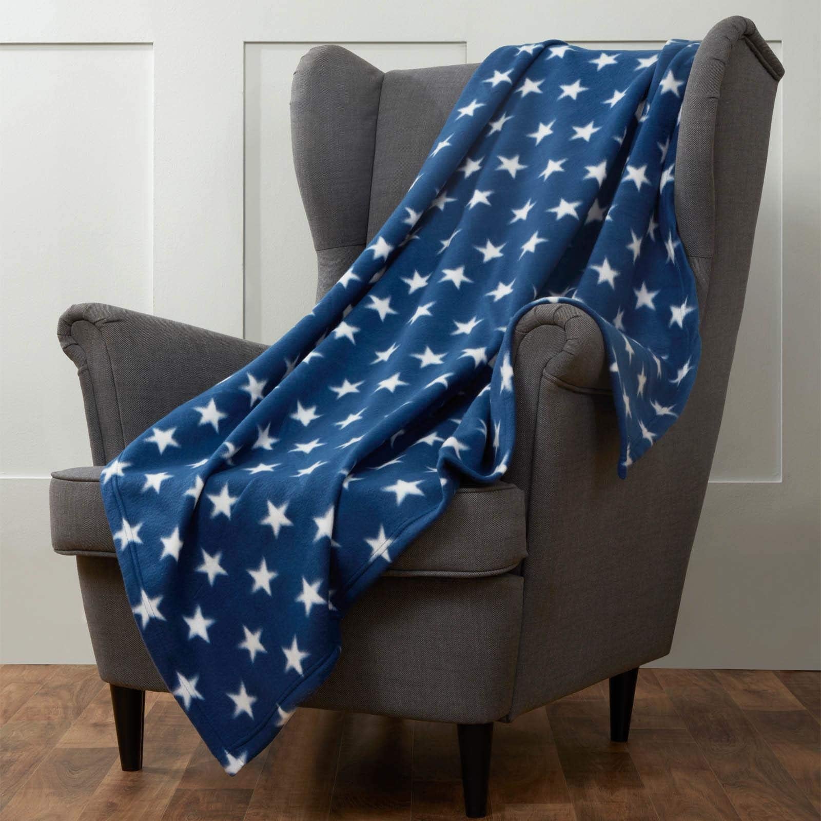 Flannel Fleece Stars Throw Blanket Navy Blue White 50x60