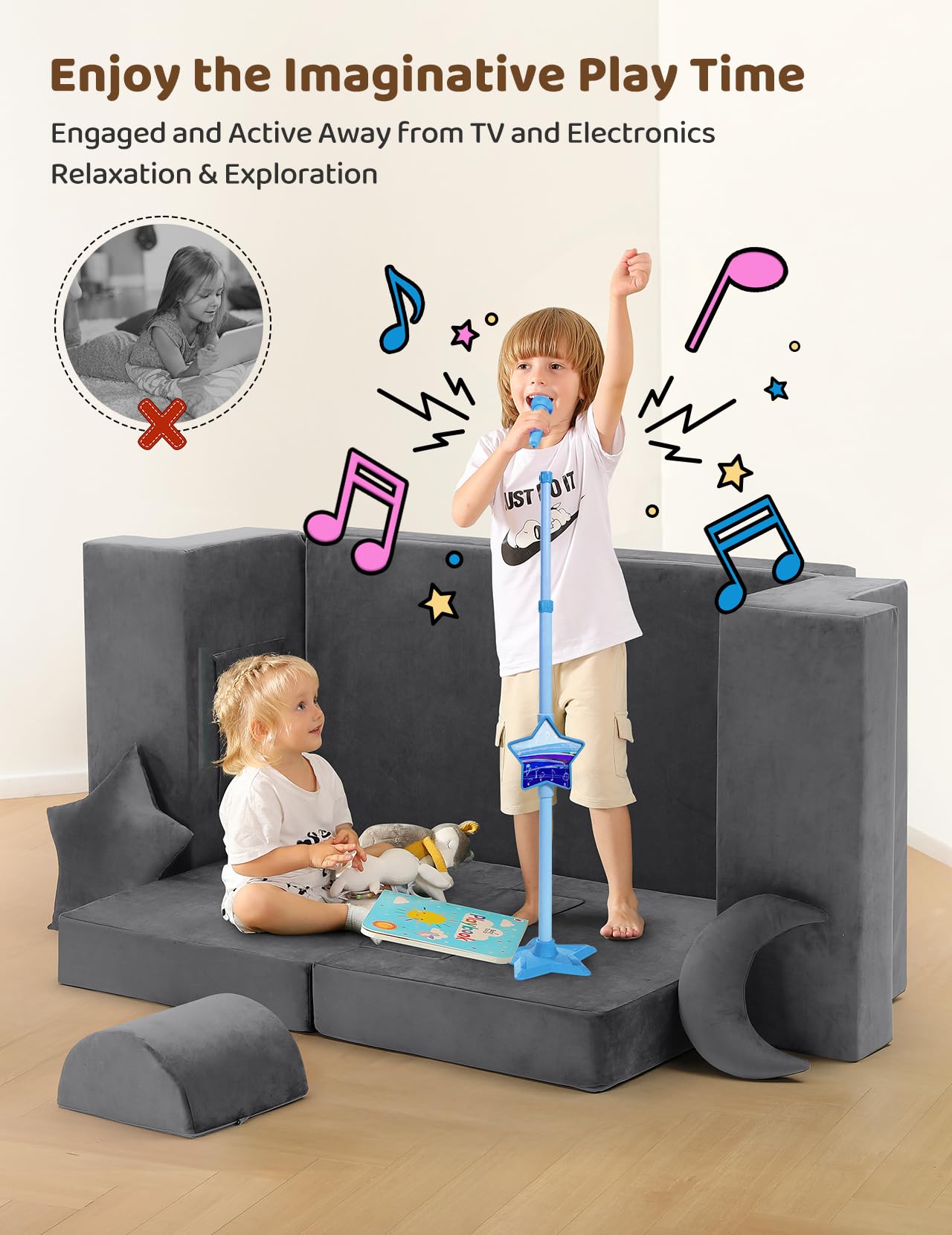 Modular Kids Play Couch with Rocking Horse Cushion and Star Moon Pillows
