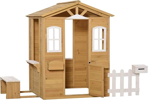 Kids Outdoor Playhouse with Door & 2 Windows - Wooden Backyard Play House