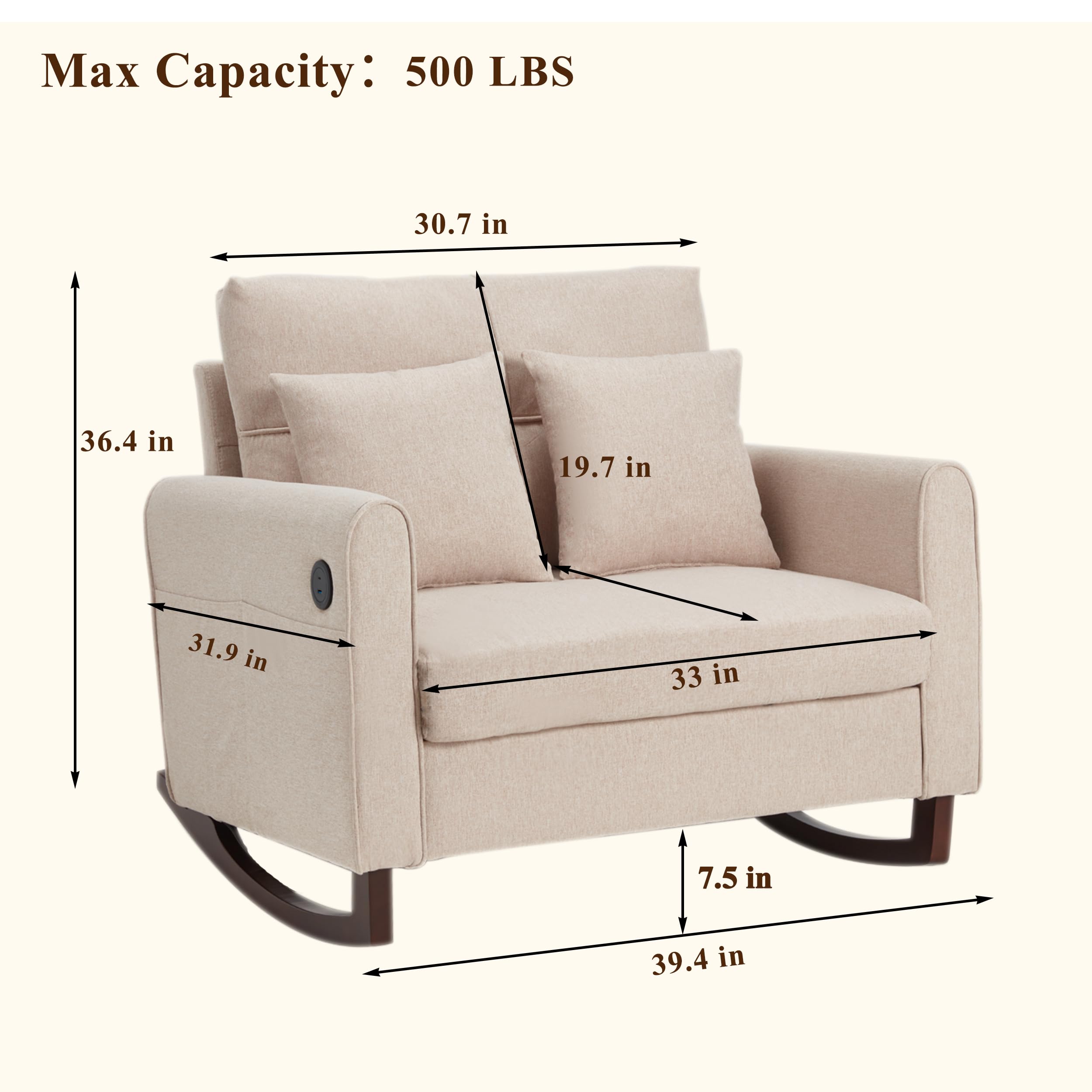 Oversized Nursery Rocking Chair with High Back and Side Pockets