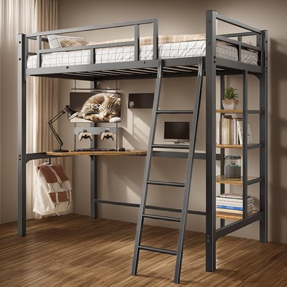 Metal Loft Bed Twin Size with Desk, Heavy Duty Twin Bed Frame