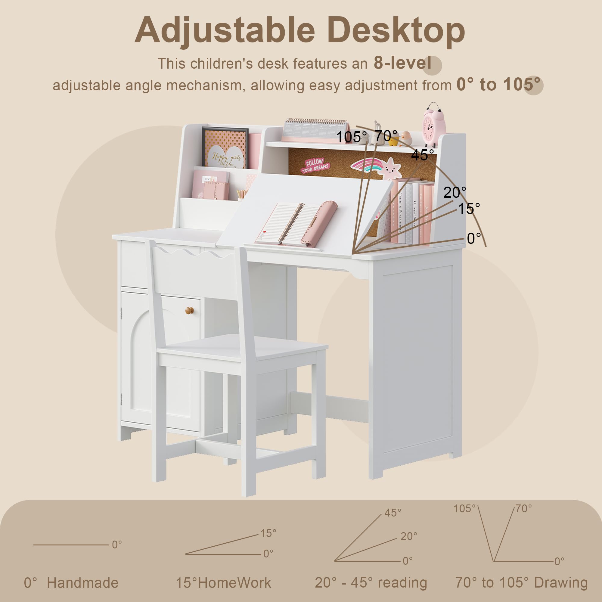 Kids Study Desk and Chair Set with Hutch and Tiltable Desktop