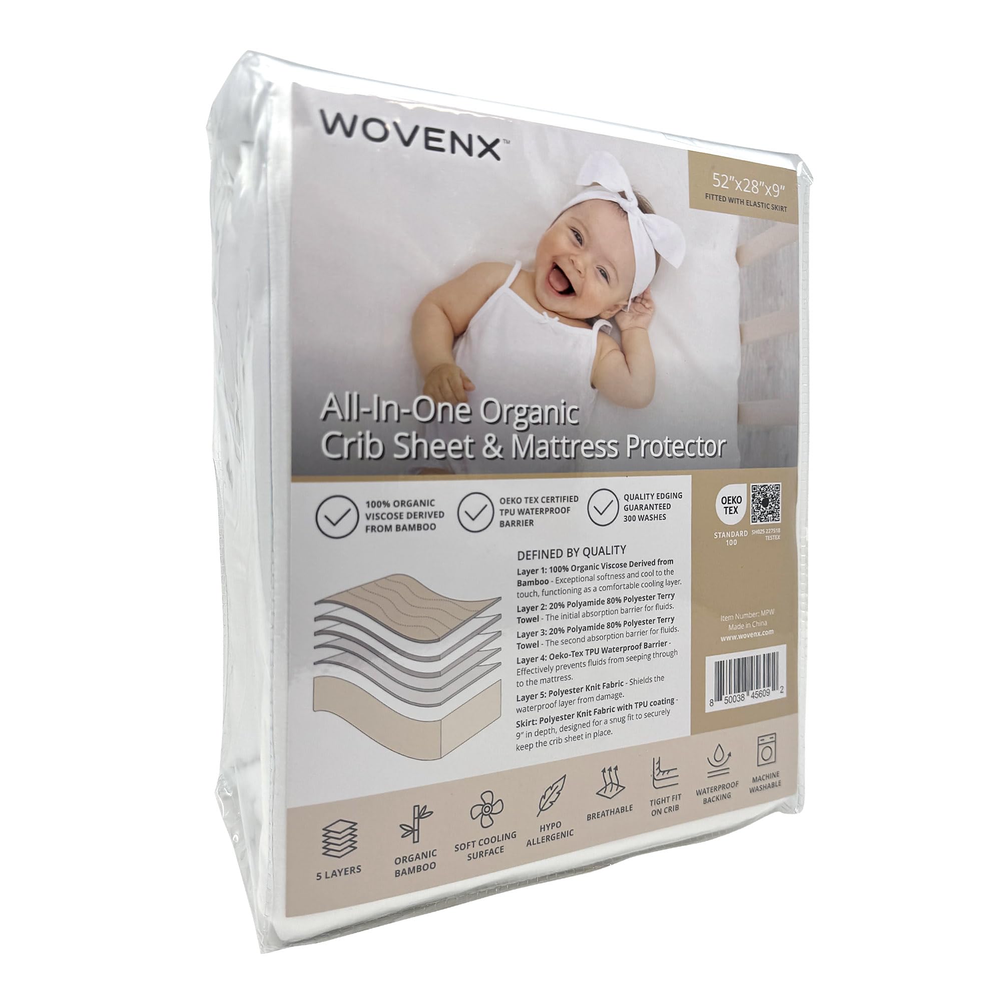 Wovenx Organic All in One Crib Sheet and Mattress Protector - Waterproof Protectors - Reusable Washable – Fits Cribs – 52”x28”- with 9” Skirt White