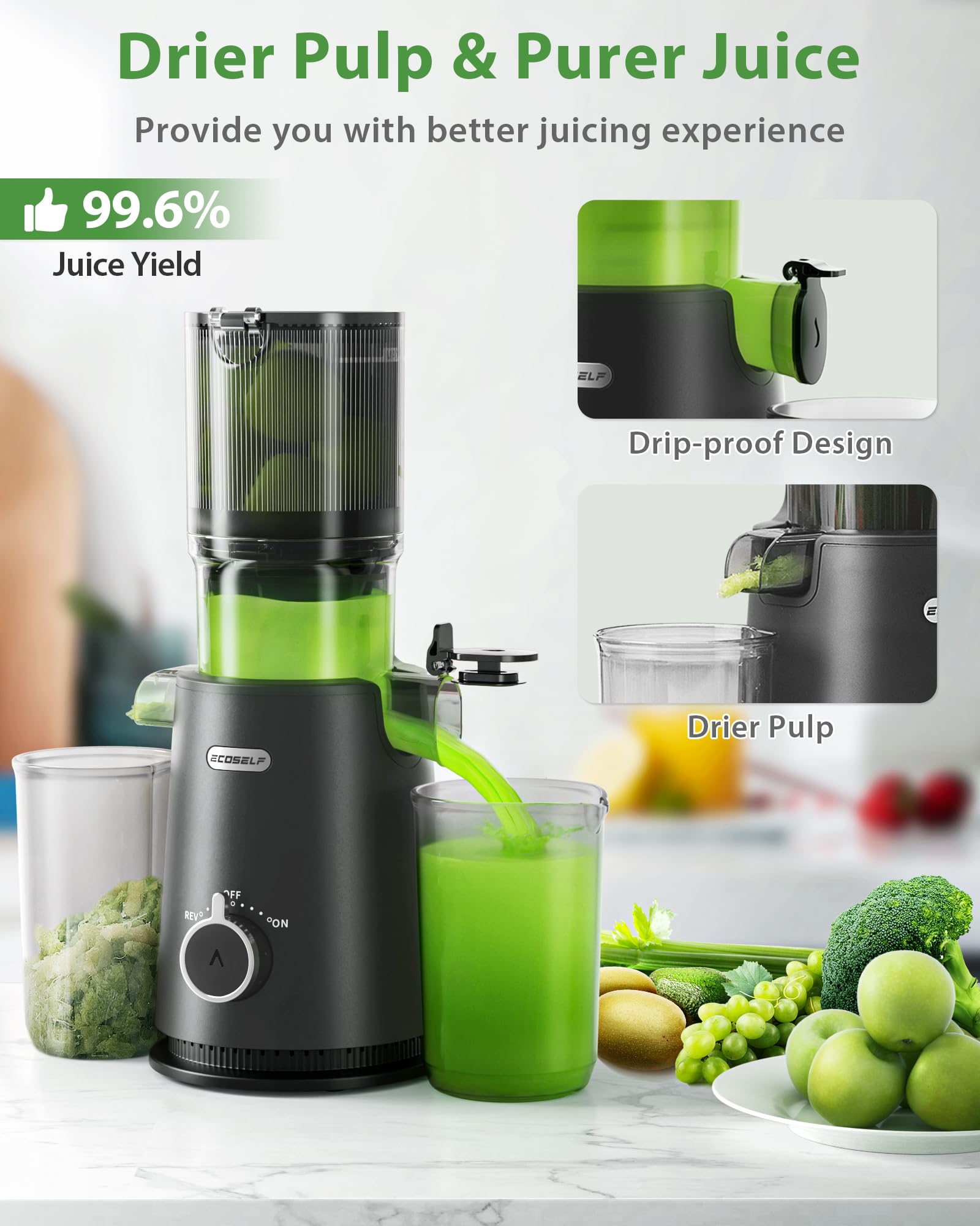 ECOSELF Juicer Machines with Wide Mouth & Large Feed Chute, Professional Cold Press Juicer For Whole Fruits & Vegetables, Self Feeding for Juice Extractor Machine, Easy to Clean, High Juice Yield