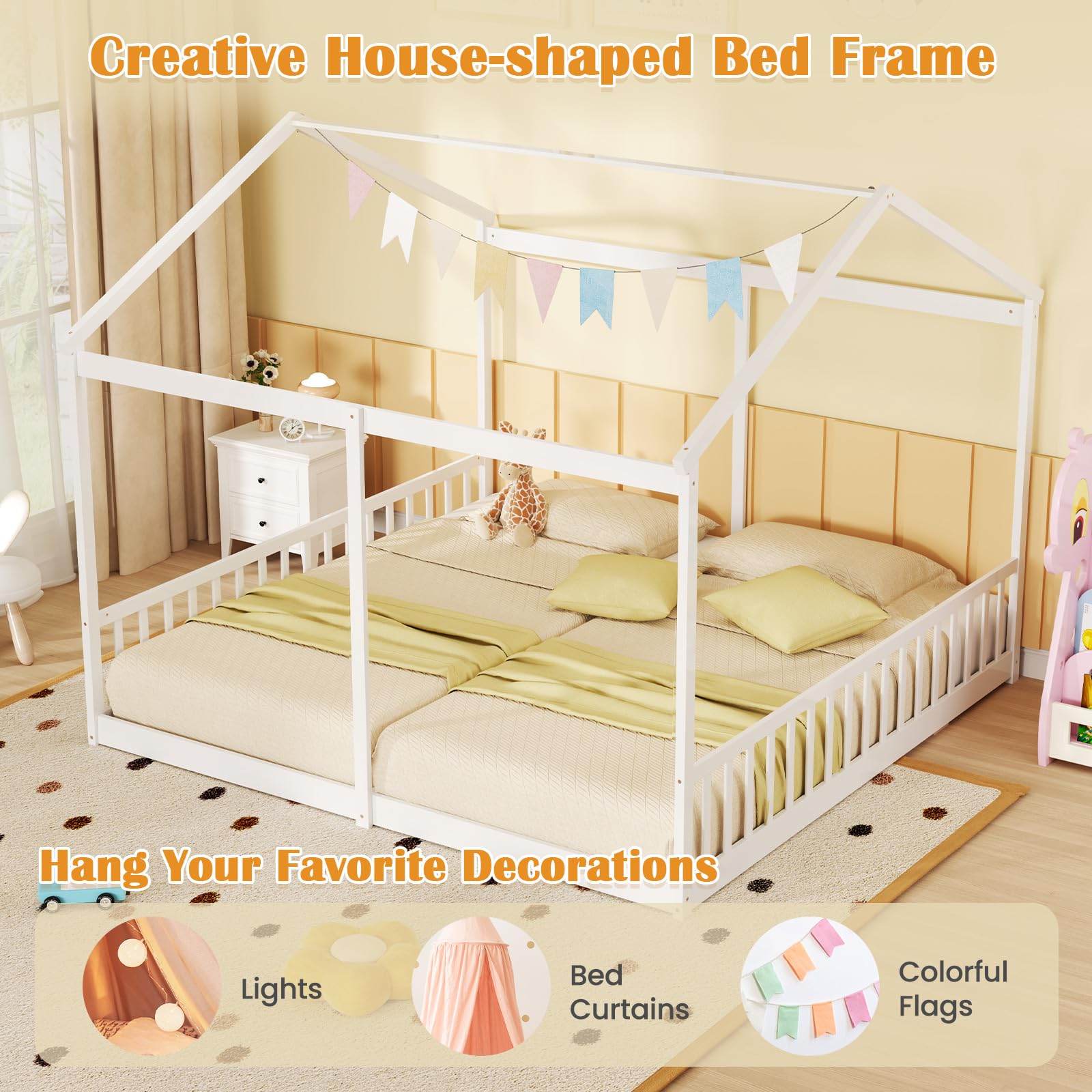 Double Twin Floor Beds for Kids with Fence and Roof