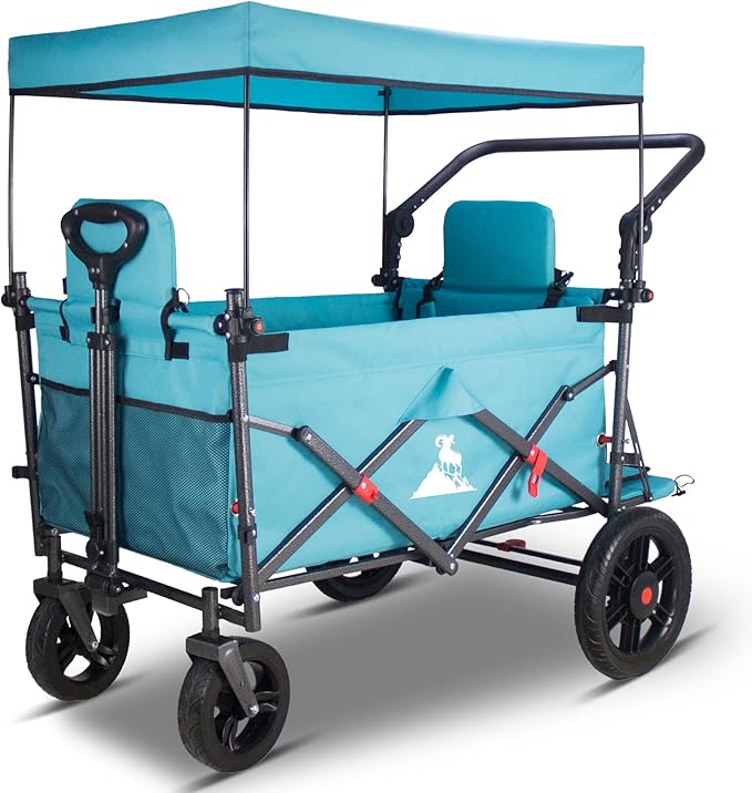 Foldable Wagon with Canopy - Collapsible Utility Cart with 2 Seats & Belt