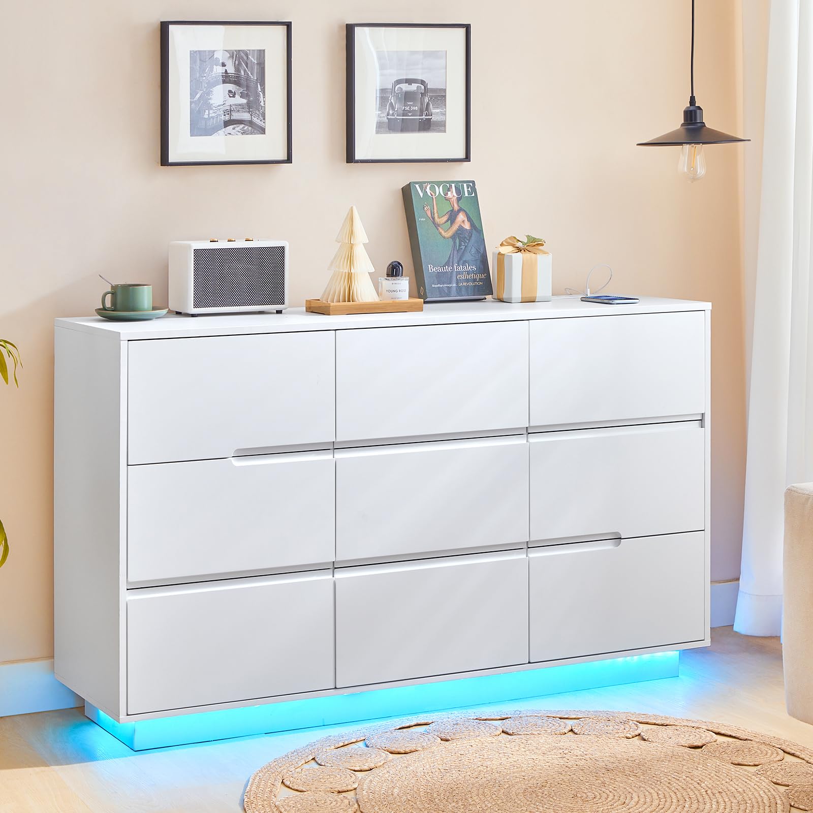 9 Drawer White Dresser with Charging Station and LED Lights
