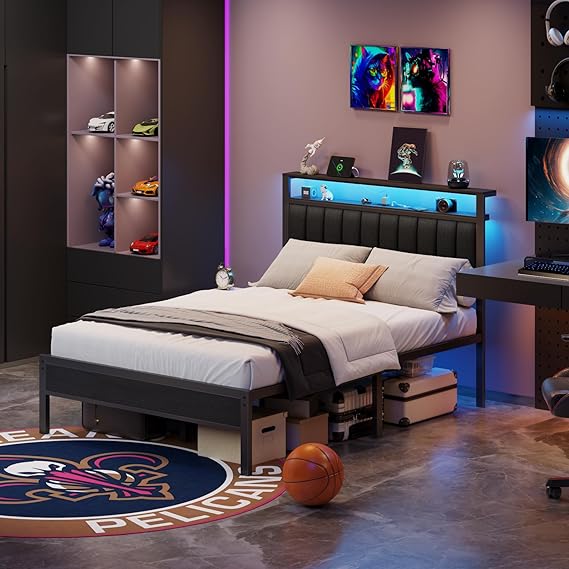 Twin Size Bed Frame with Charging Station and LED Lights