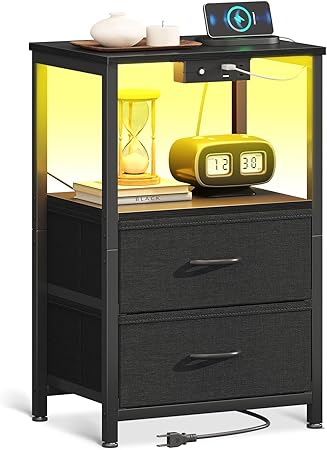 Night Stand with Charging Station and LED Lights
