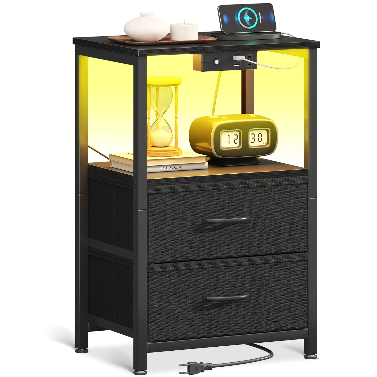 Casaottima Night Stand with Charging Station and LED Lights, End Table for Bedroom with 2 Fabric Drawers, Small Nightstand with Storage Shelf, Bed Side Bedside Table, Black