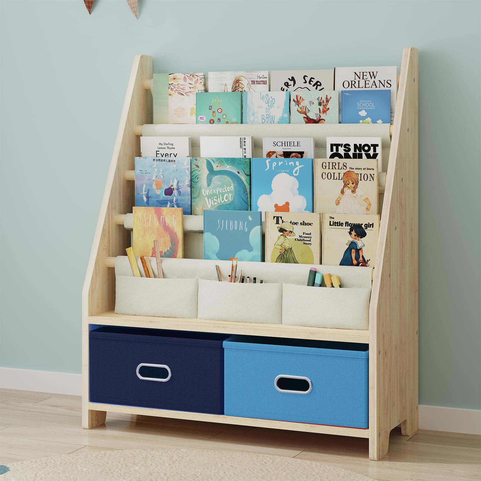 4 Tier Kids Book Shelf, Wooden Kids Book Rack Storage Bookshelf