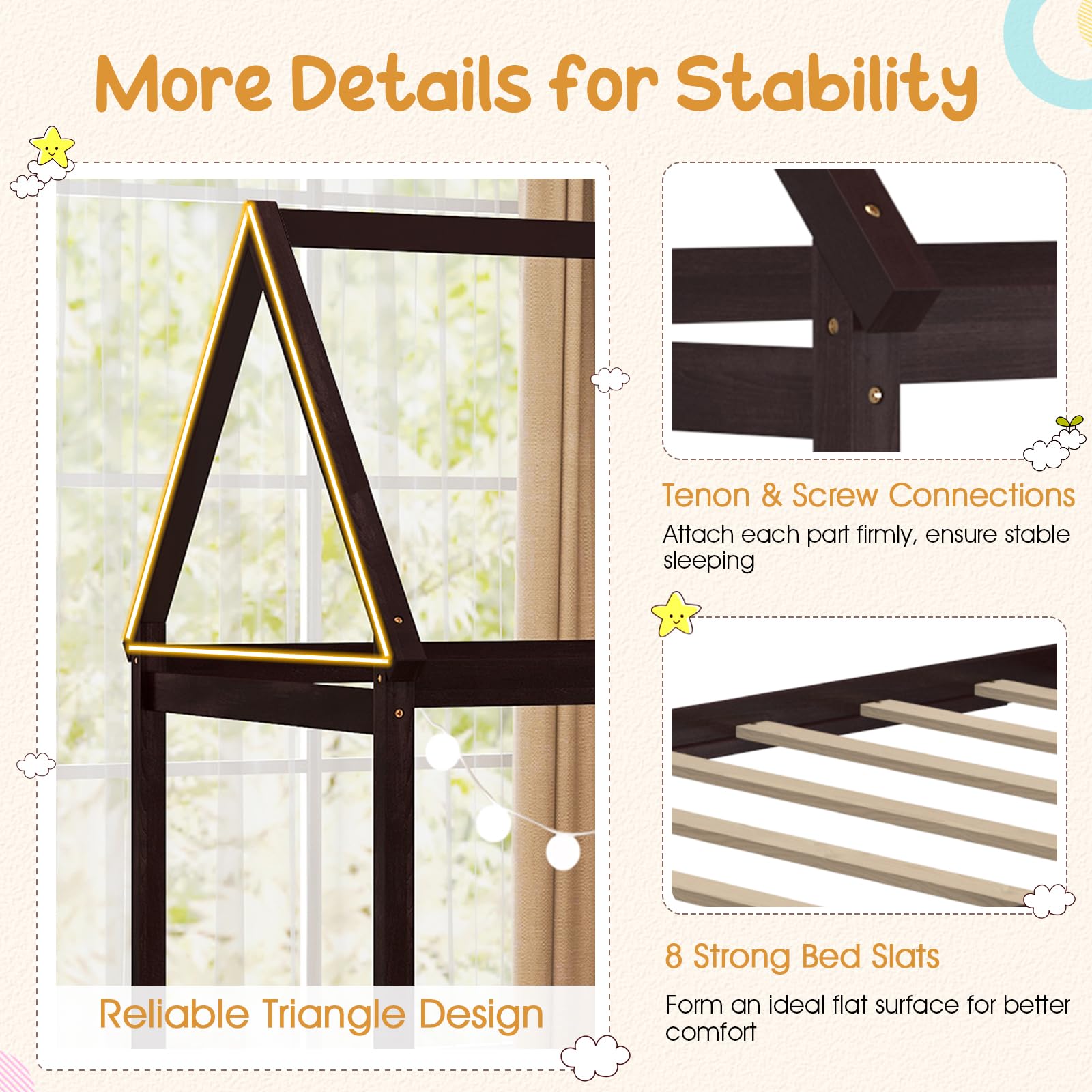 Twin House Bed Frame with Canopy for Kids