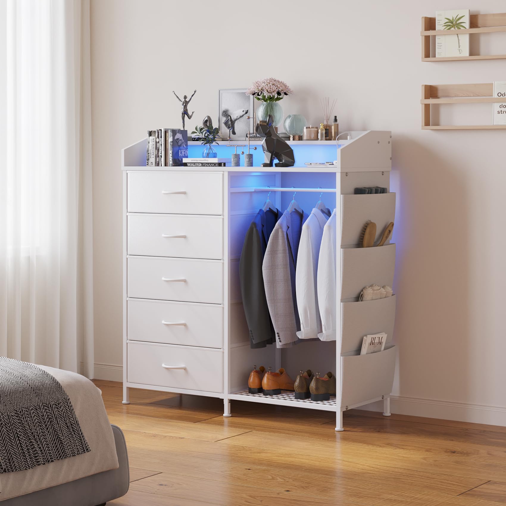 Modern 5 Dresser with LED Hanging Rack, Dresser with Clothes Rack