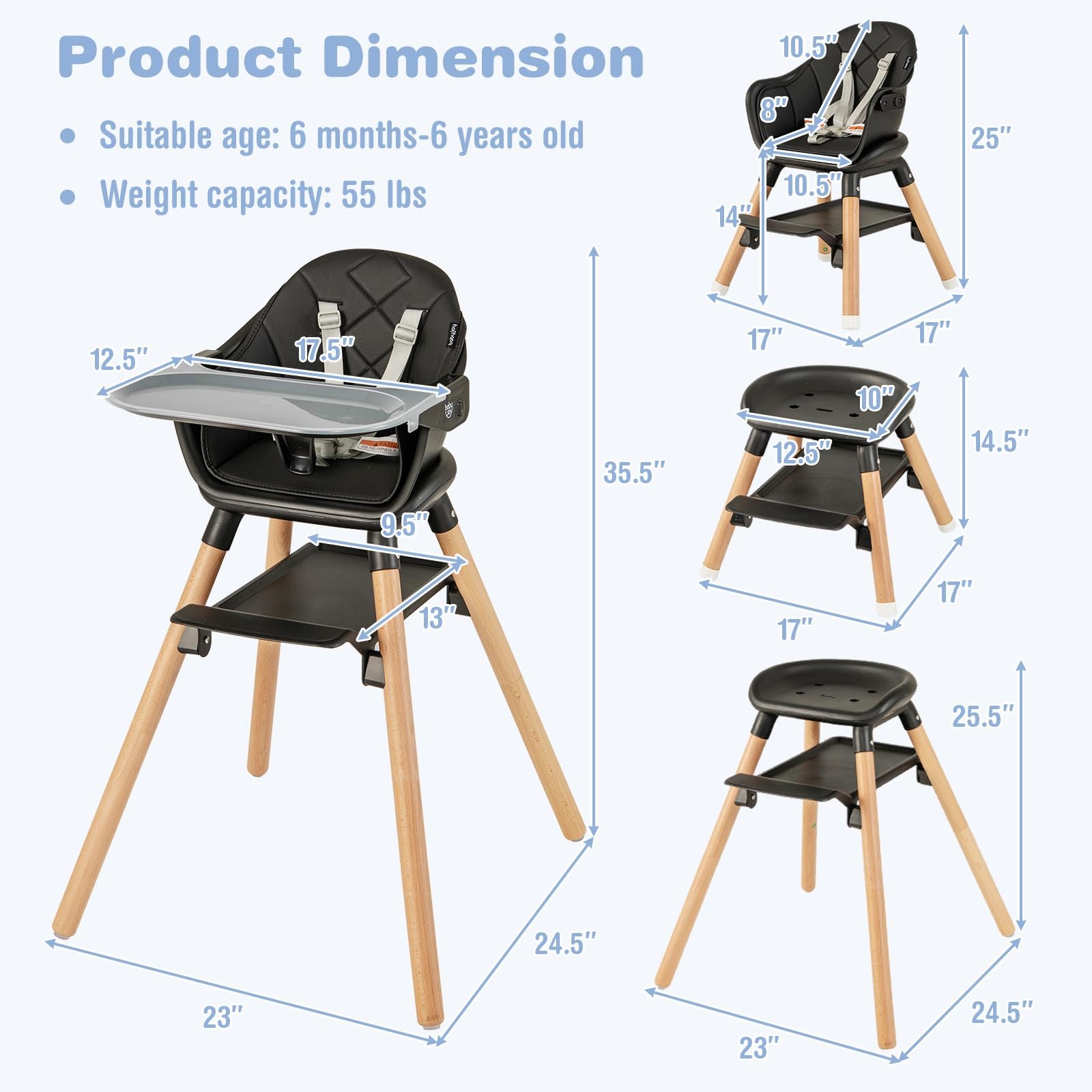 6-in-1 Convertible Wooden High Chair for Babies and Toddlers