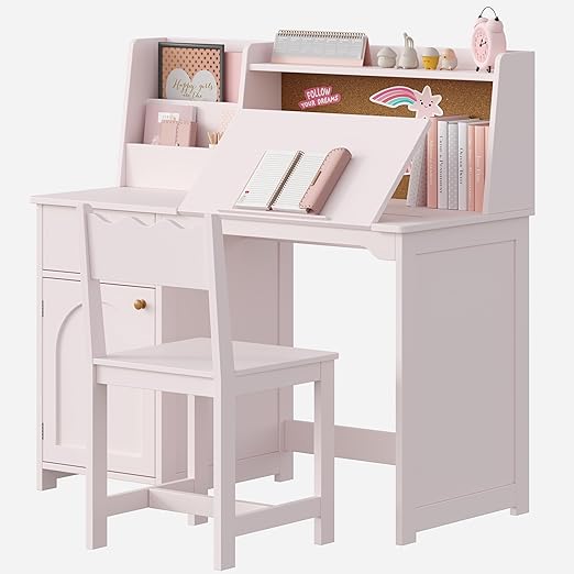 Kids Study Desk and Chair Set, Kids Desks with Hutch and Tiltable