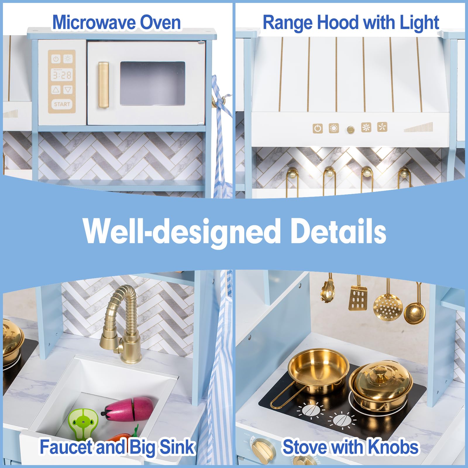 BRINJOY Play Kitchen for Kids, Wooden Children Kitchen Playset w/Coffee Maker, Oven, Stove, Sink, Apron, Ice Maker, Cookware, Kids Toy Kitchen Set for Toddler Girls Boys Pretend Play Toy Gift Ages 3+