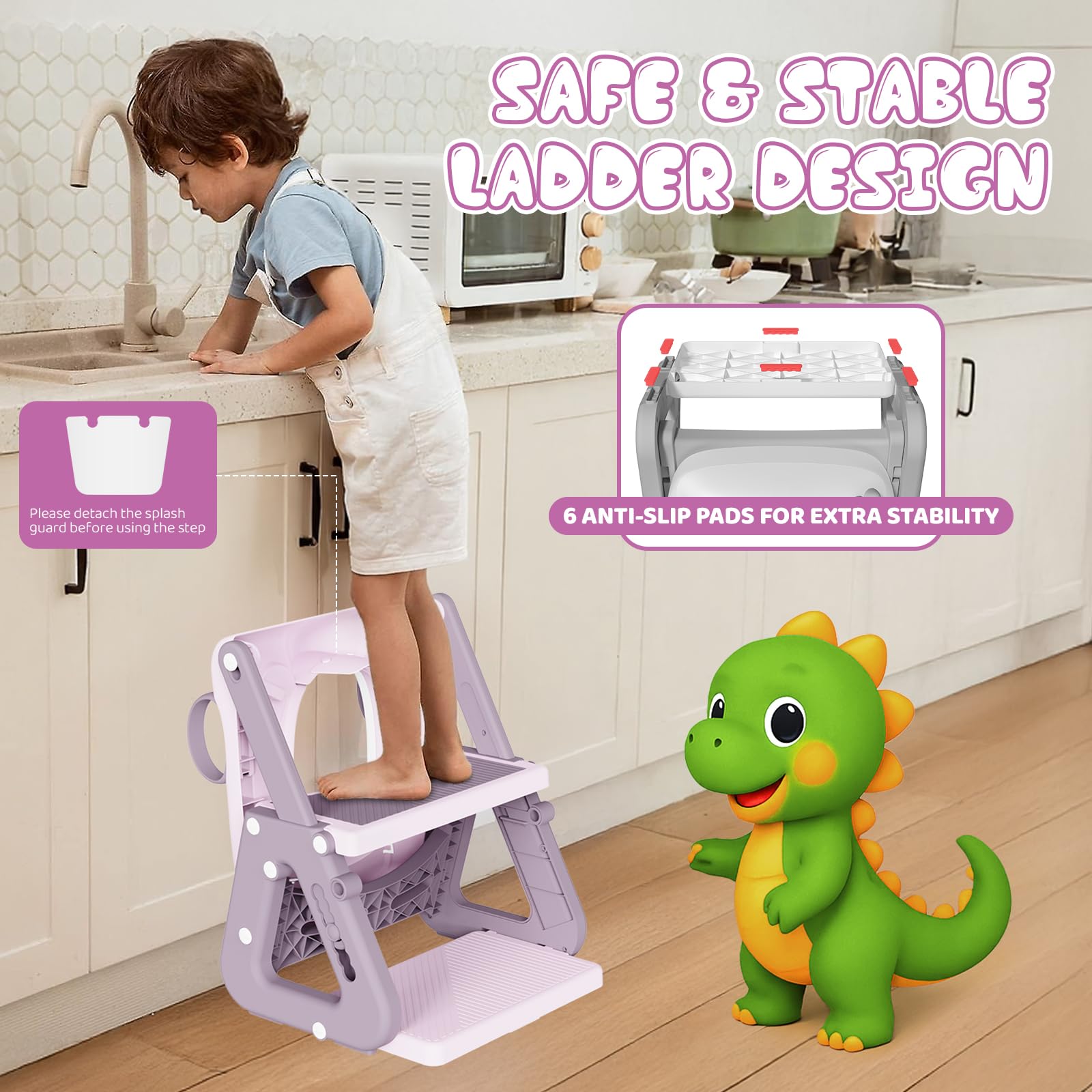 Potty Training Seat, Upgrade 2 in 1 Potty Training Toilet with Step Stool Foldable Toddler Toilet Seat for Kids Boys Girls Toddler Potty with Splash Guard Anti-Slip Pad Adjustable Ladder & Seat Height
