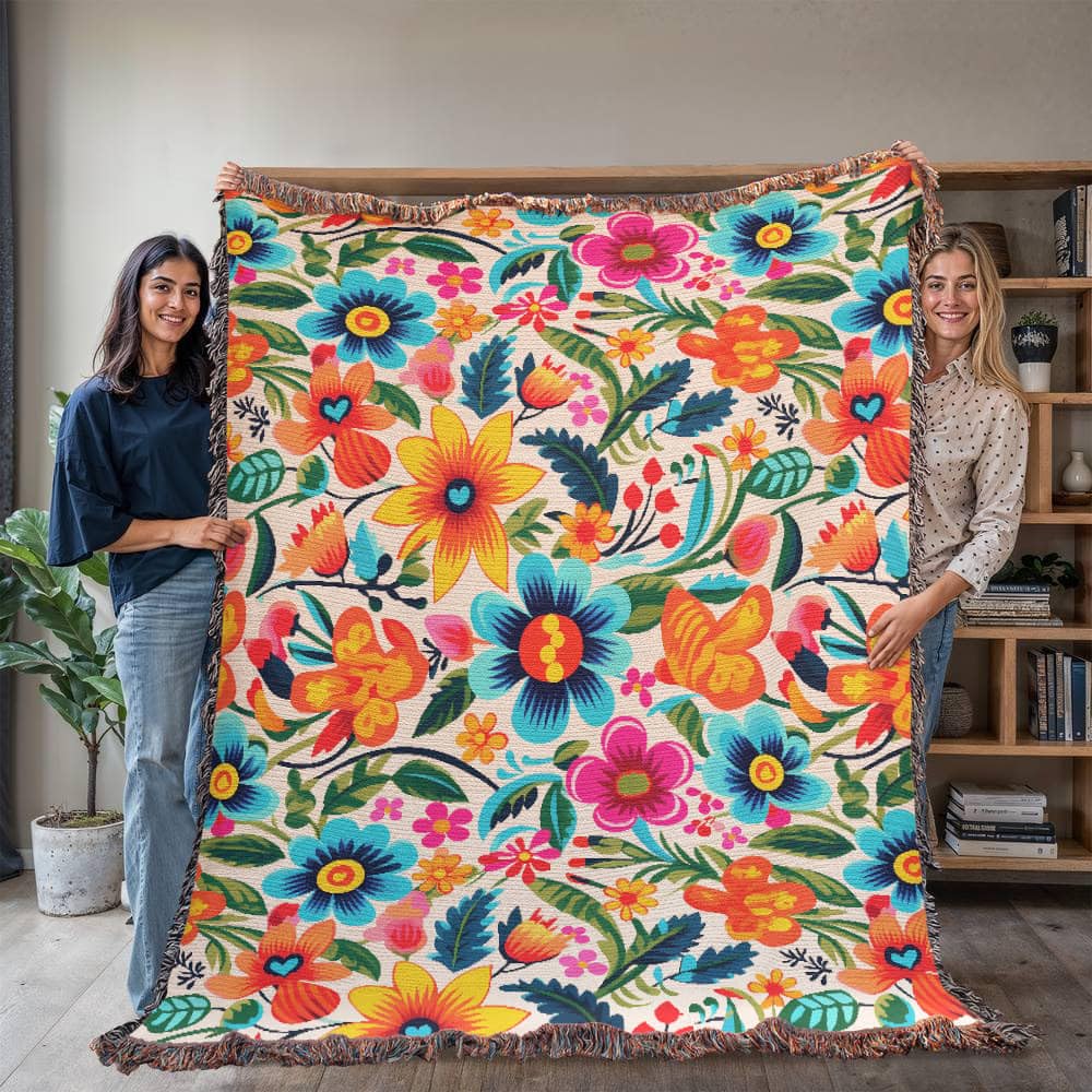 Mexican Floral Fiesta Pattern 050-60" x 80" Heirloom Woven Blanket