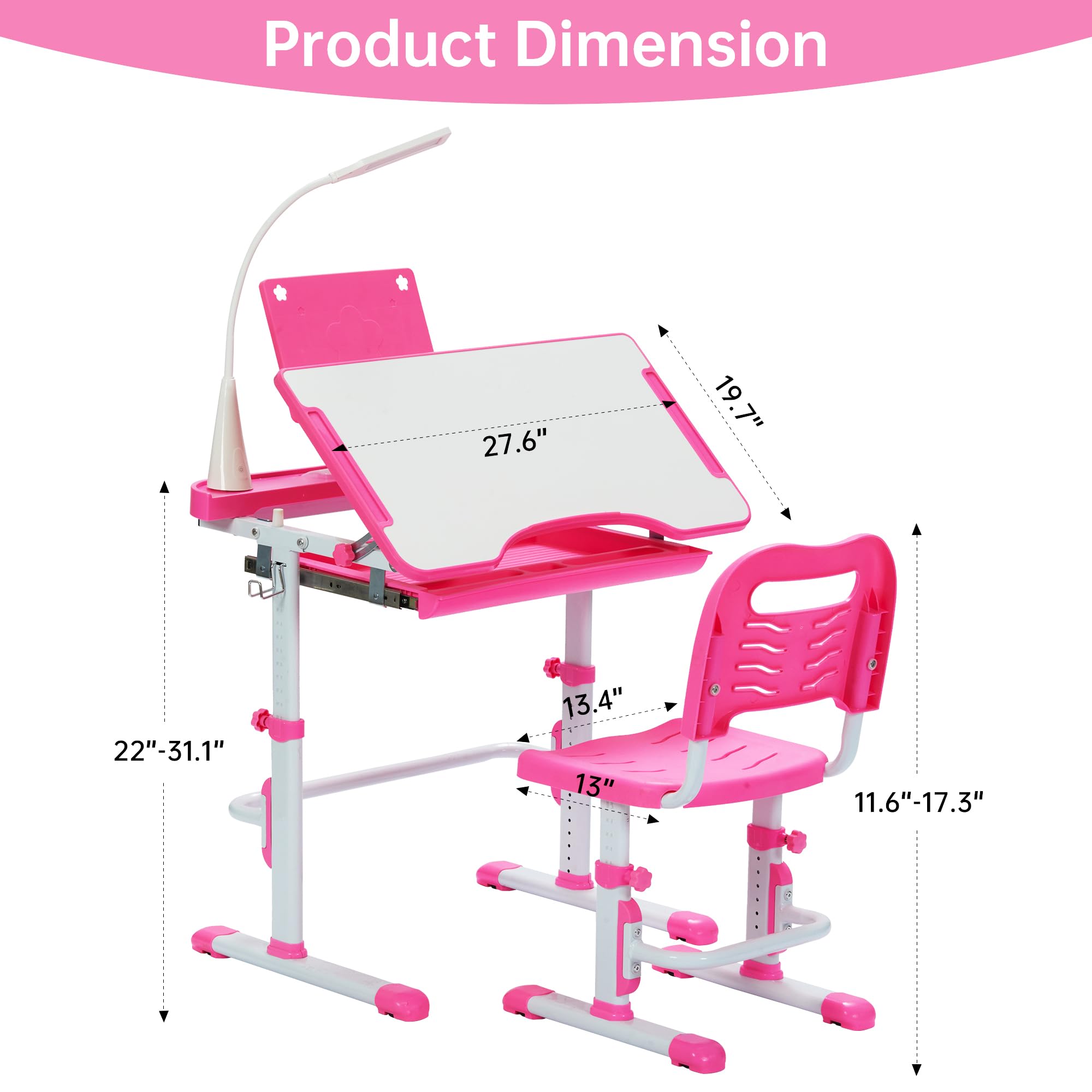 Height Adjustable Kids Desk and Chair Set with Tiltable Desktop