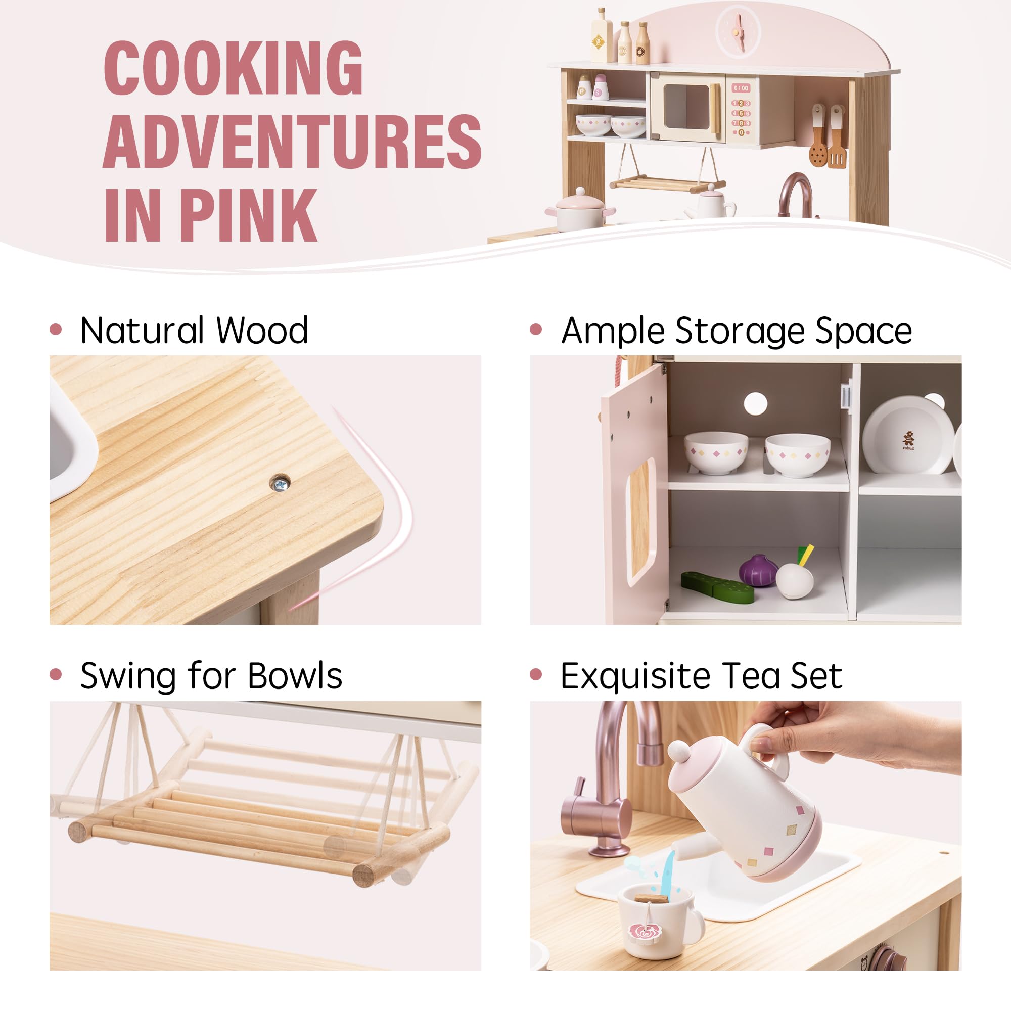 ROBUD Play Kitchen for Kids Toddlers, Wooden Play Kitchen with Realistic Accessories, Toy Kitchen Set with Plenty of Play Features, Modern Style Toy Kitchen for Girls & Boys, Gift for Ages 3+, Pink