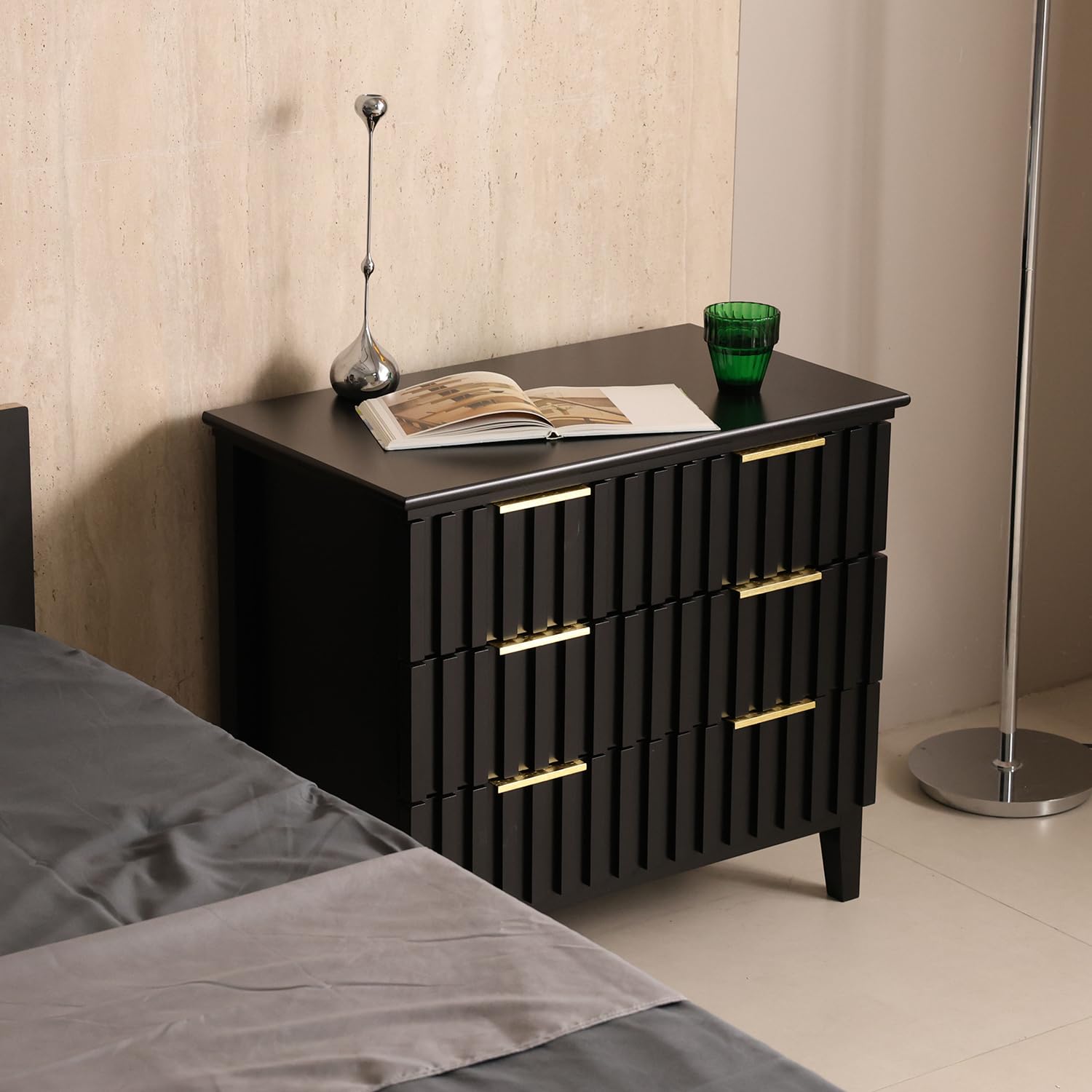 3 Drawer Dresser with Fluted Front and Golden Handles