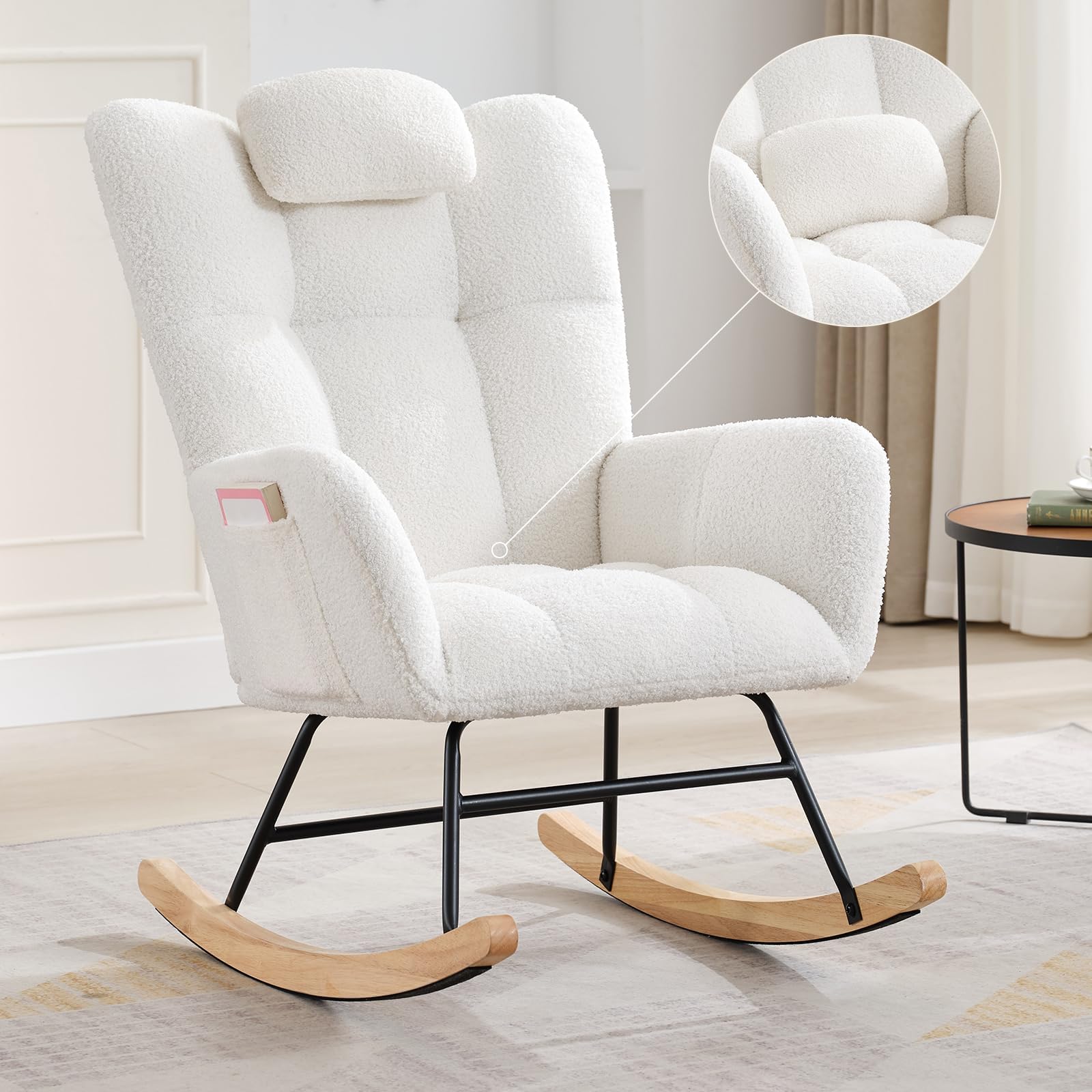 Rocking Chair with High Back and Side Pockets for Nursery