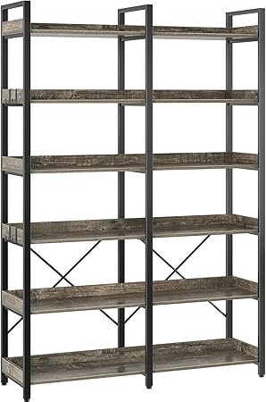 Bookshelf 6 Tier with 4 Hooks, 67” Industrial Wooden Bookcase