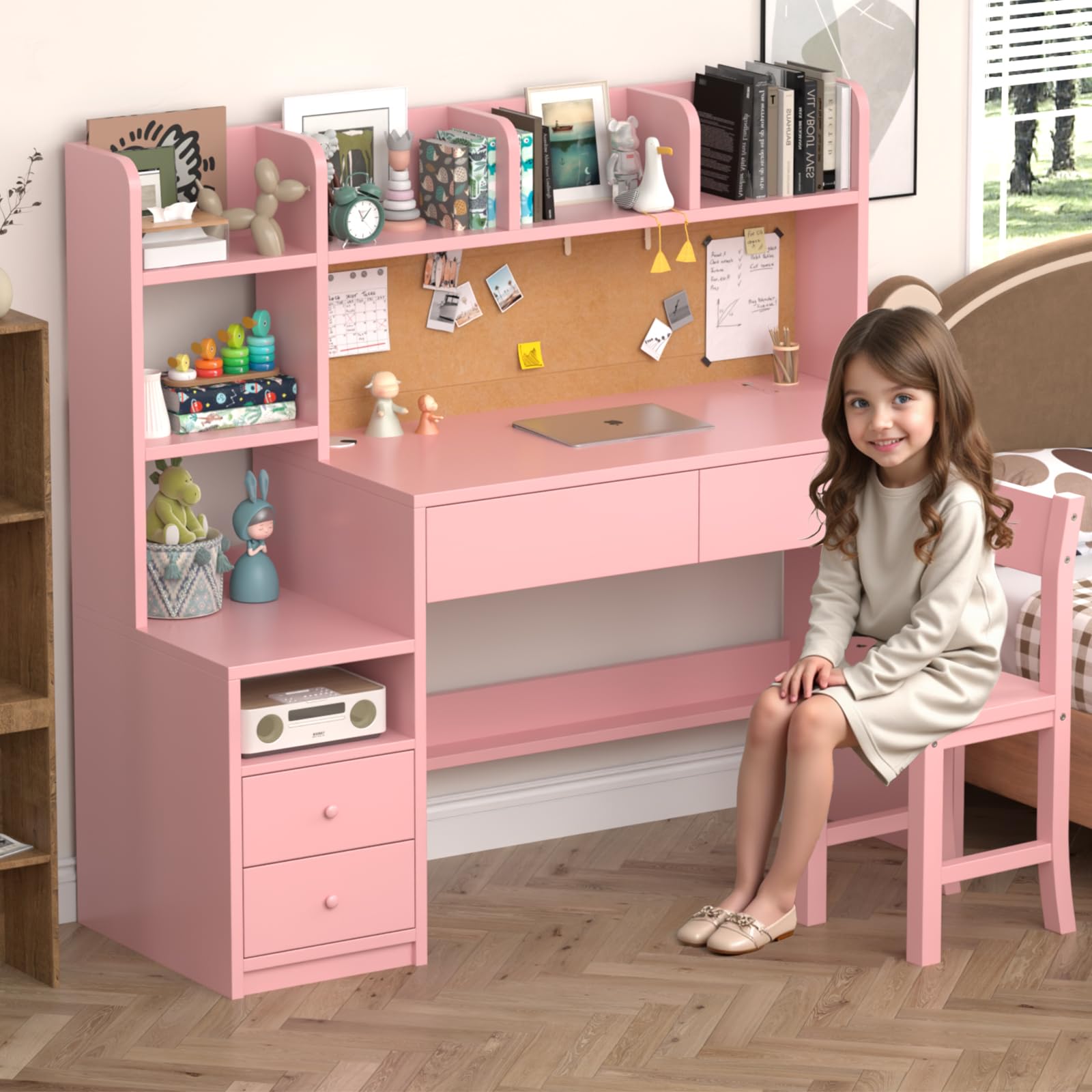 Pink Kids Desk and Chair Set, Kids Study Desk with 4 Drawers & 4 Open Shelves