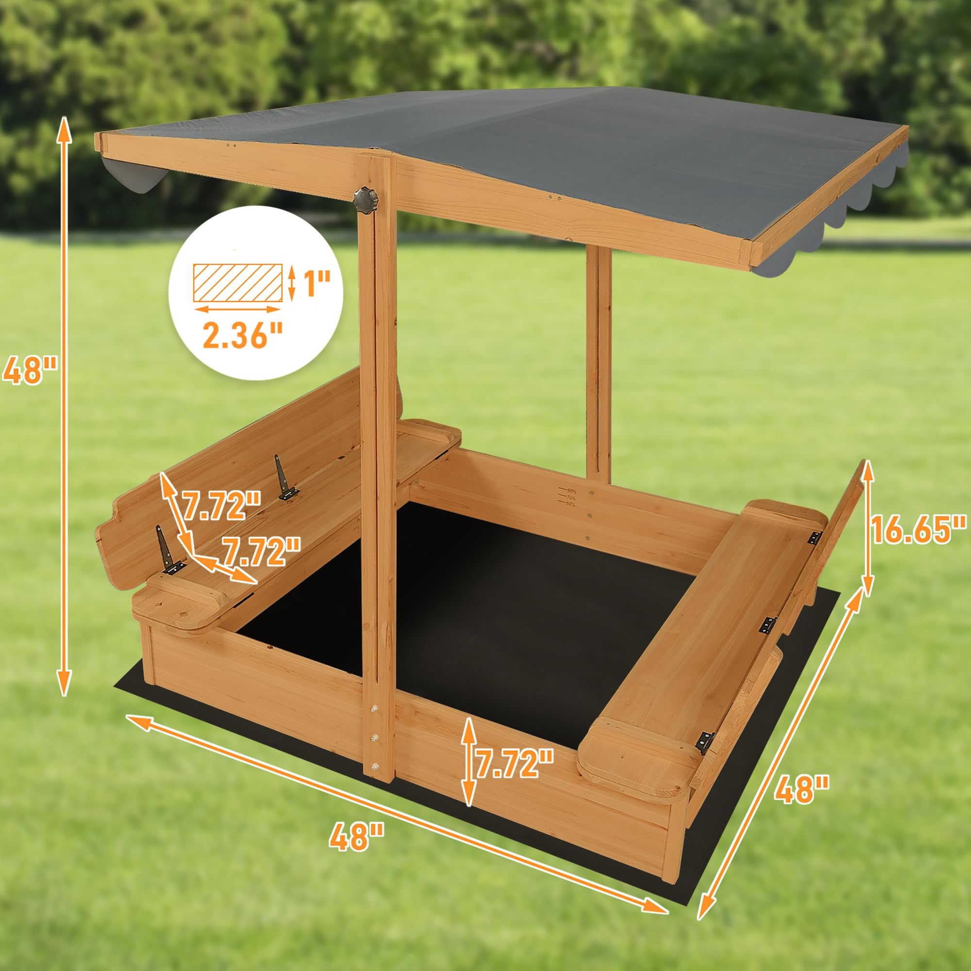 Wooden Sandbox with Canopy and Bench Seats