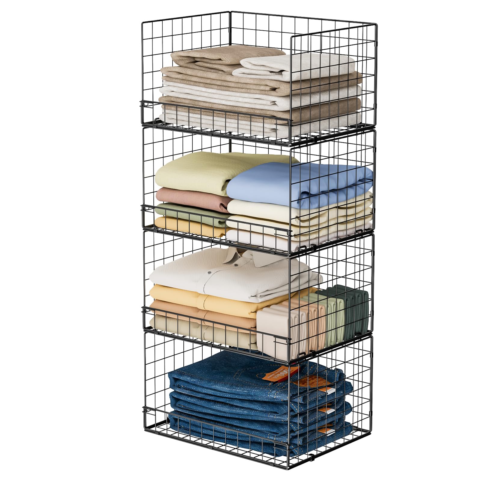 4-Tier Stackable Closet Organizers and Storage Shelves, Clothes Shelf Organizer Basket