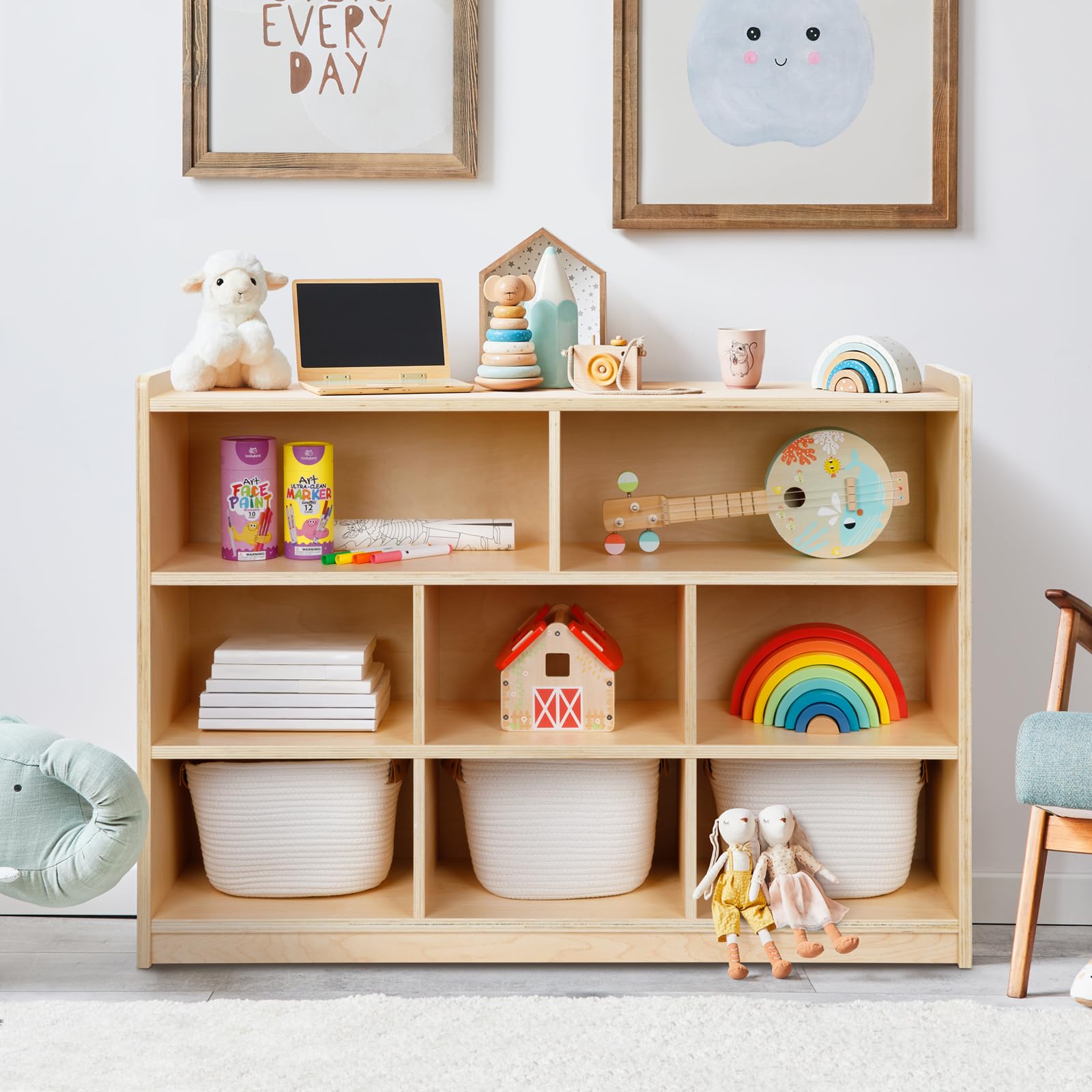 Montessori Toy Shelf, 35.4" H, 3-Tier Toy Storage Organizer with 8 Cubby