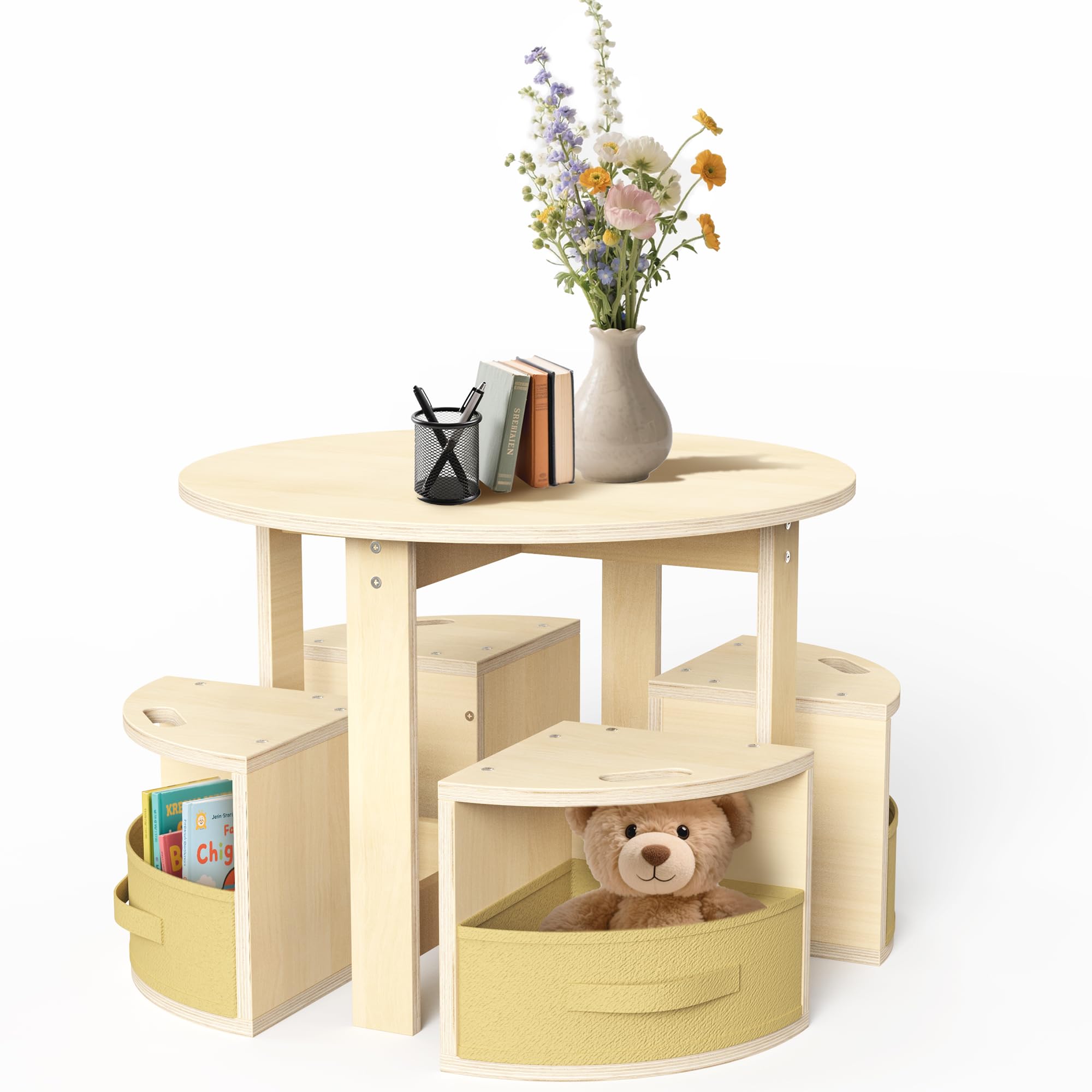 Toddler Table and Chair Set with 4 Storage Stools, Round Shaped Nesting Design