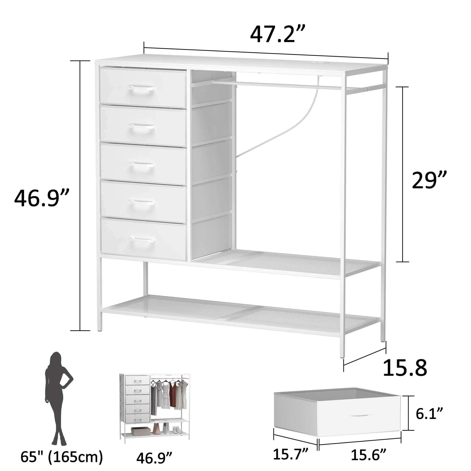 Fabric Dresser with Hanging Rack and LED Lights
