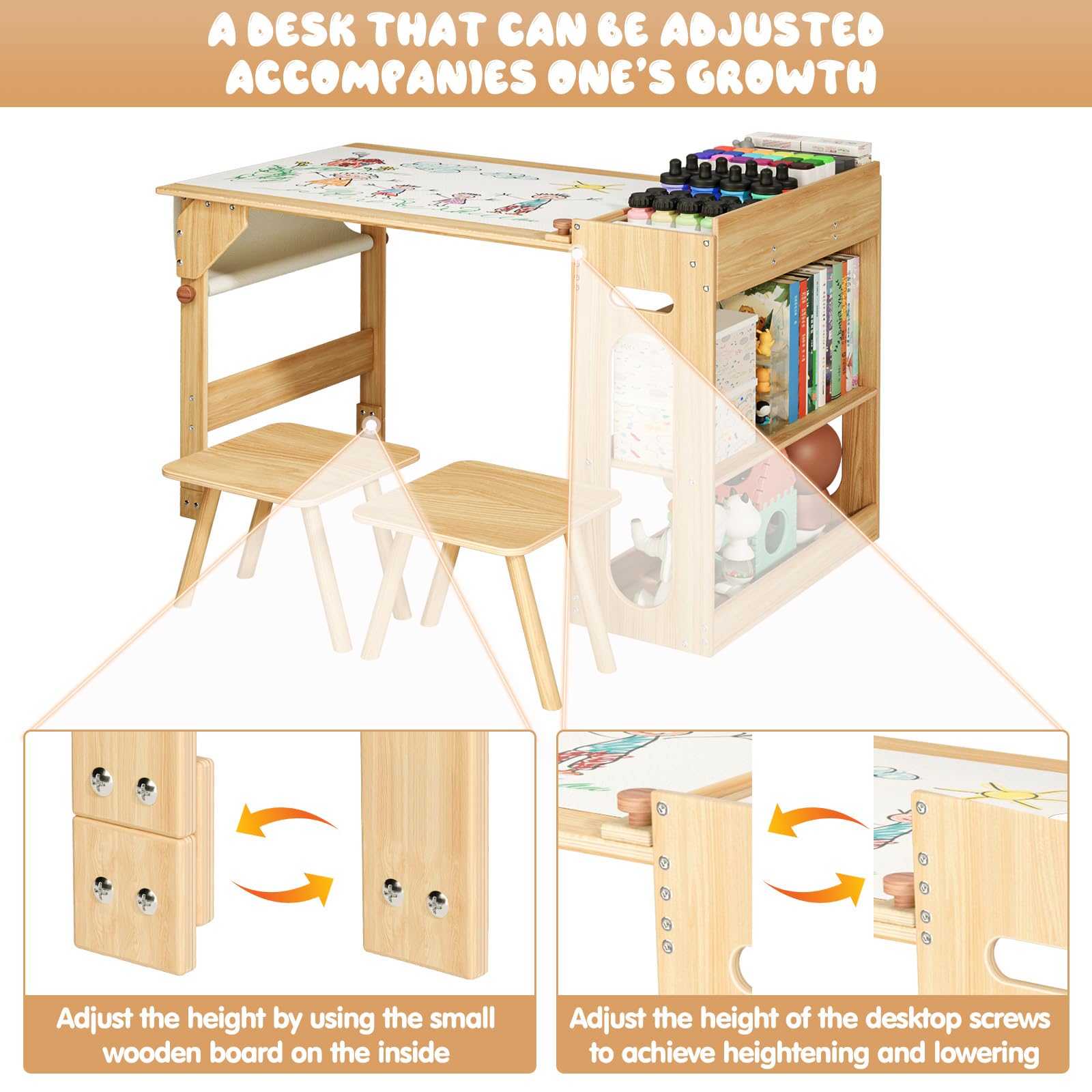 Kids Art Table and 2 Chairs Set with Storage