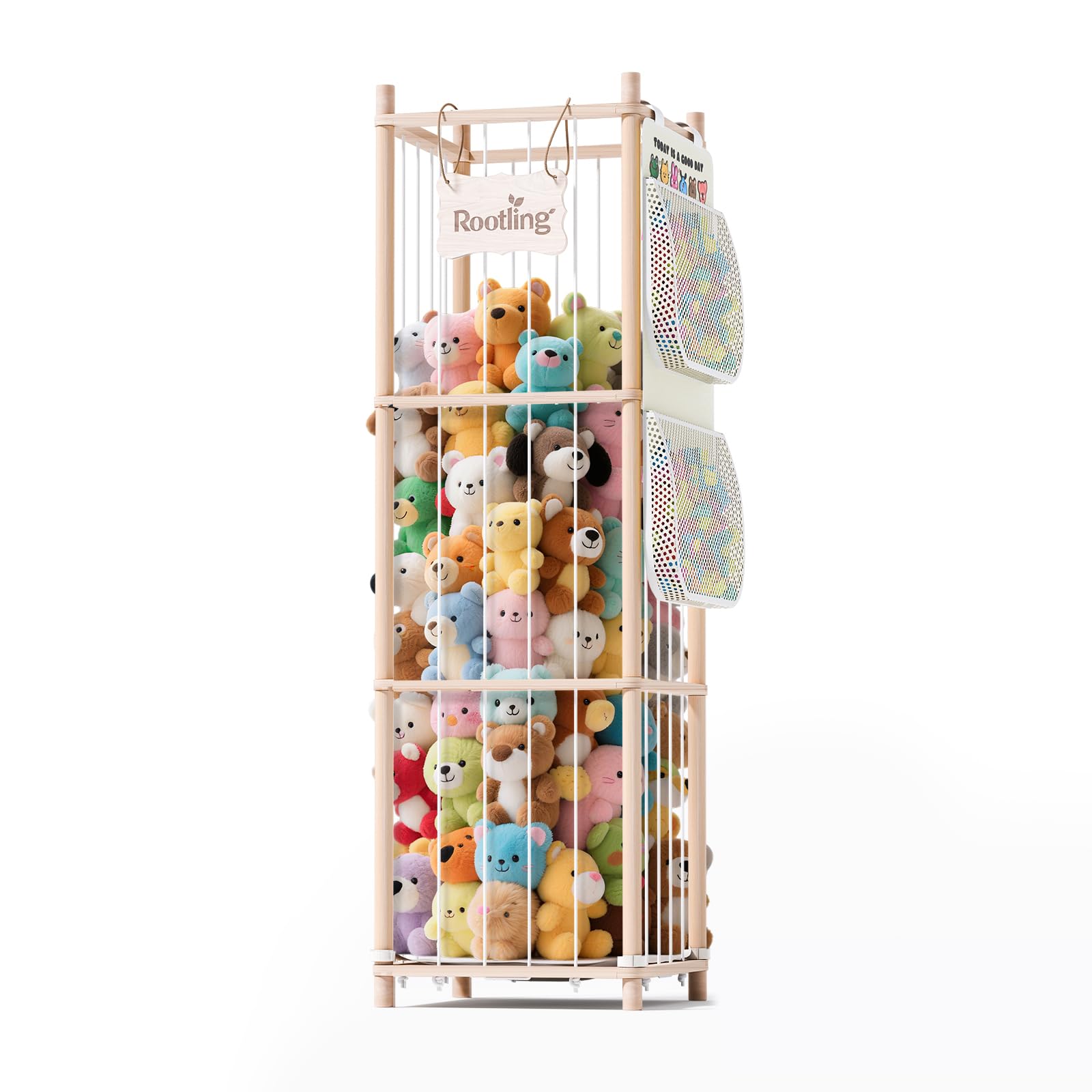 Wooden Stuffed Animal Storage Organizer with Building Block Bag