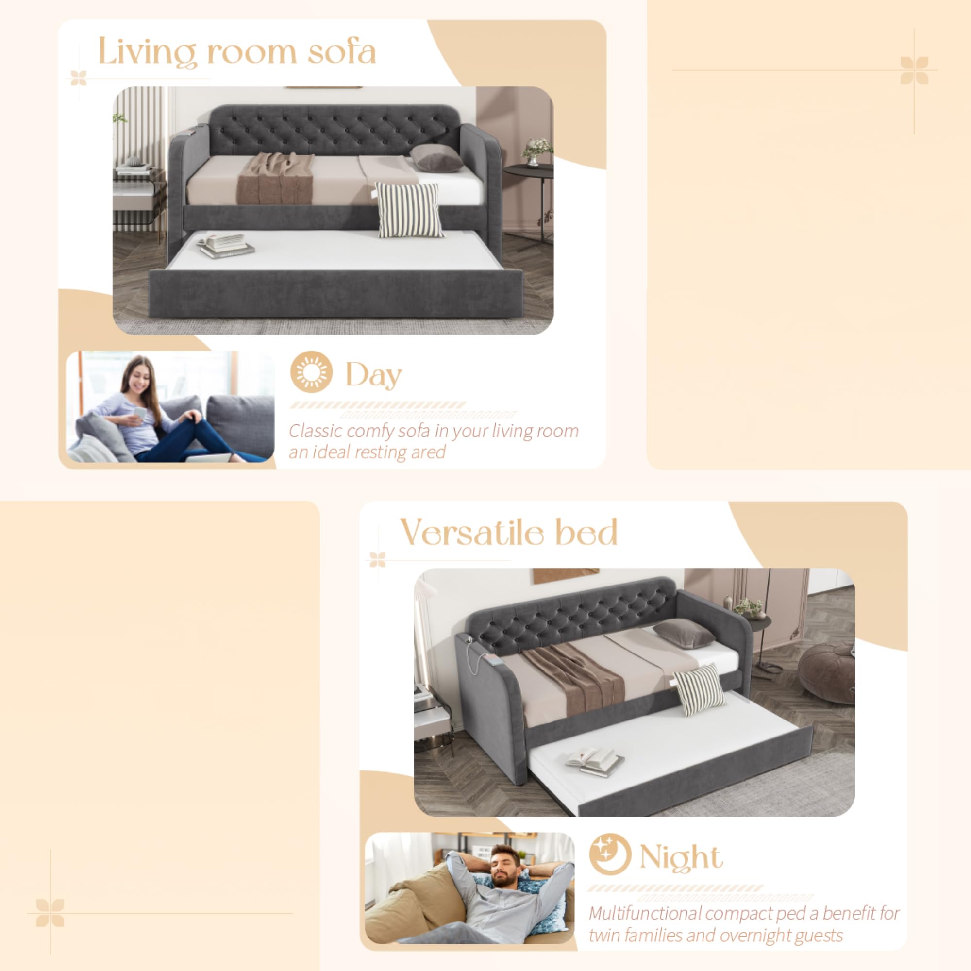 Velvet Upholstered Daybed with Trundle and USB Port