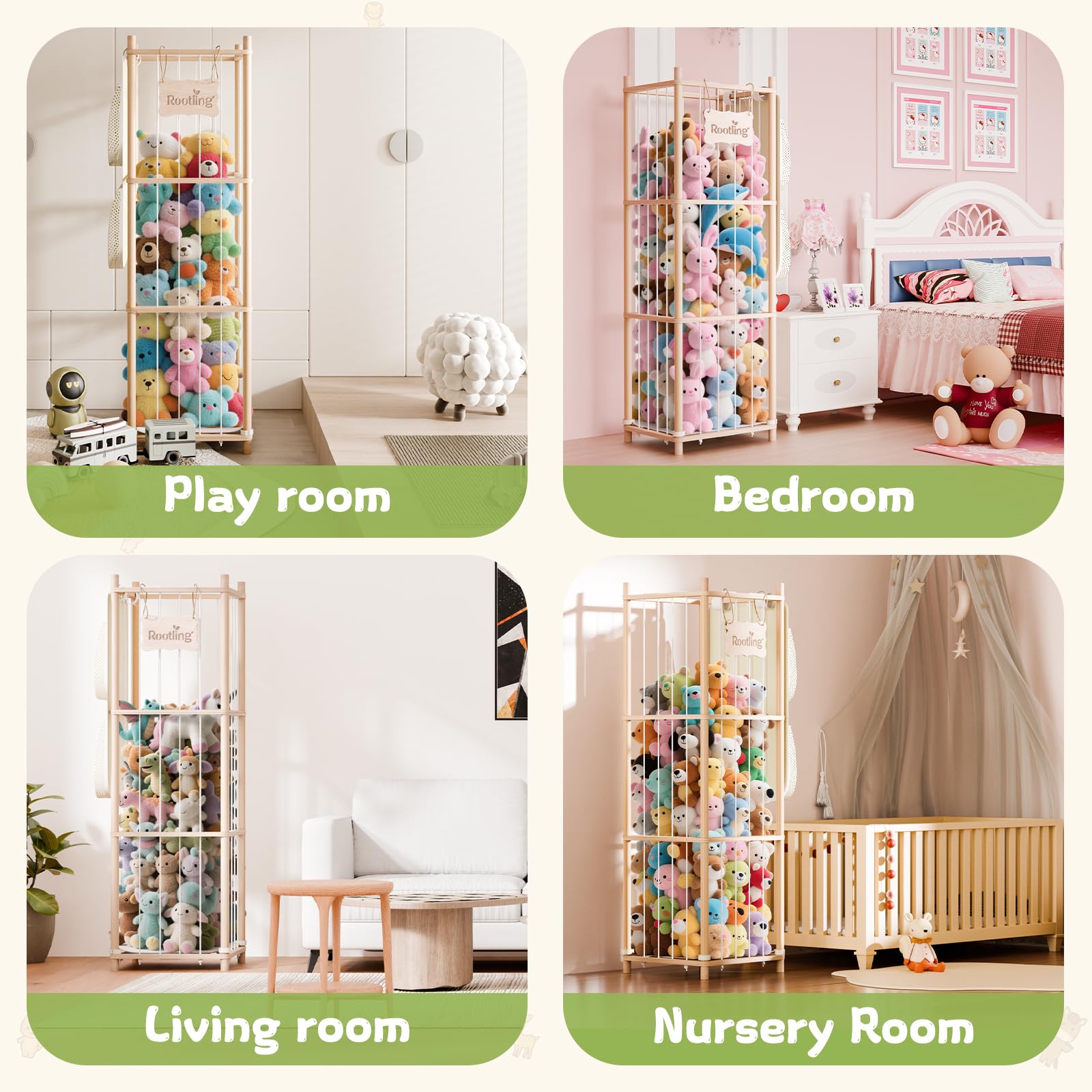 Wooden Stuffed Animal Storage Organizer with Building Block Bag