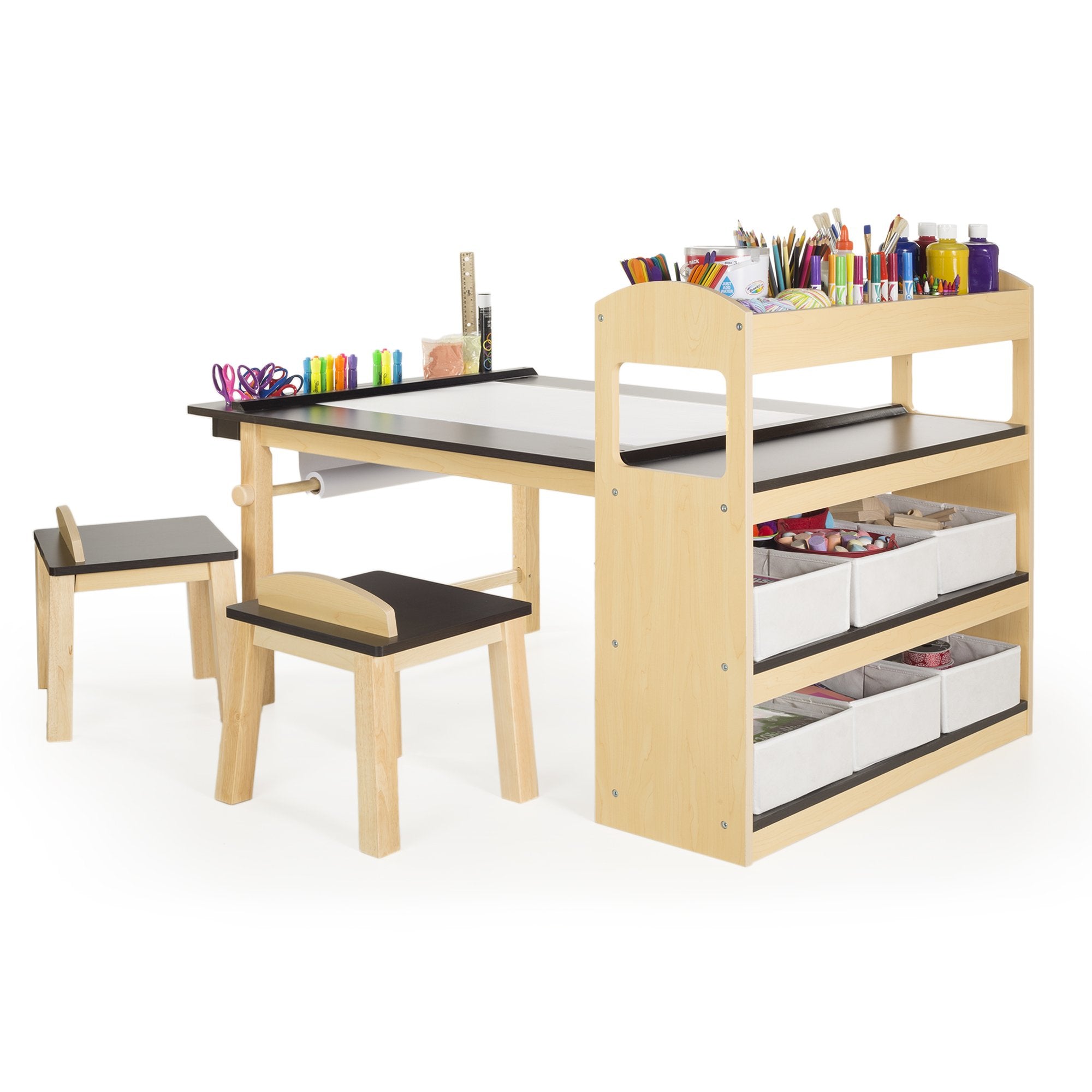 Deluxe Art Center: Kids Arts and Crafts Table and Chairs Set with Storage Shelves