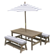 Outdoor Wooden Table & Bench Set with Cushions and Umbrella