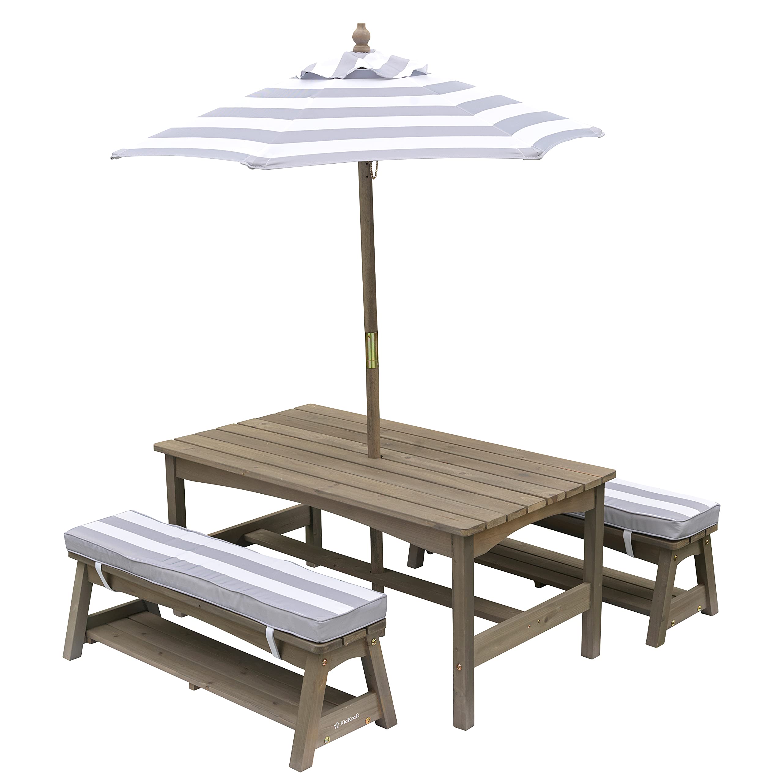 Outdoor Wooden Table & Bench Set with Cushions and Umbrella