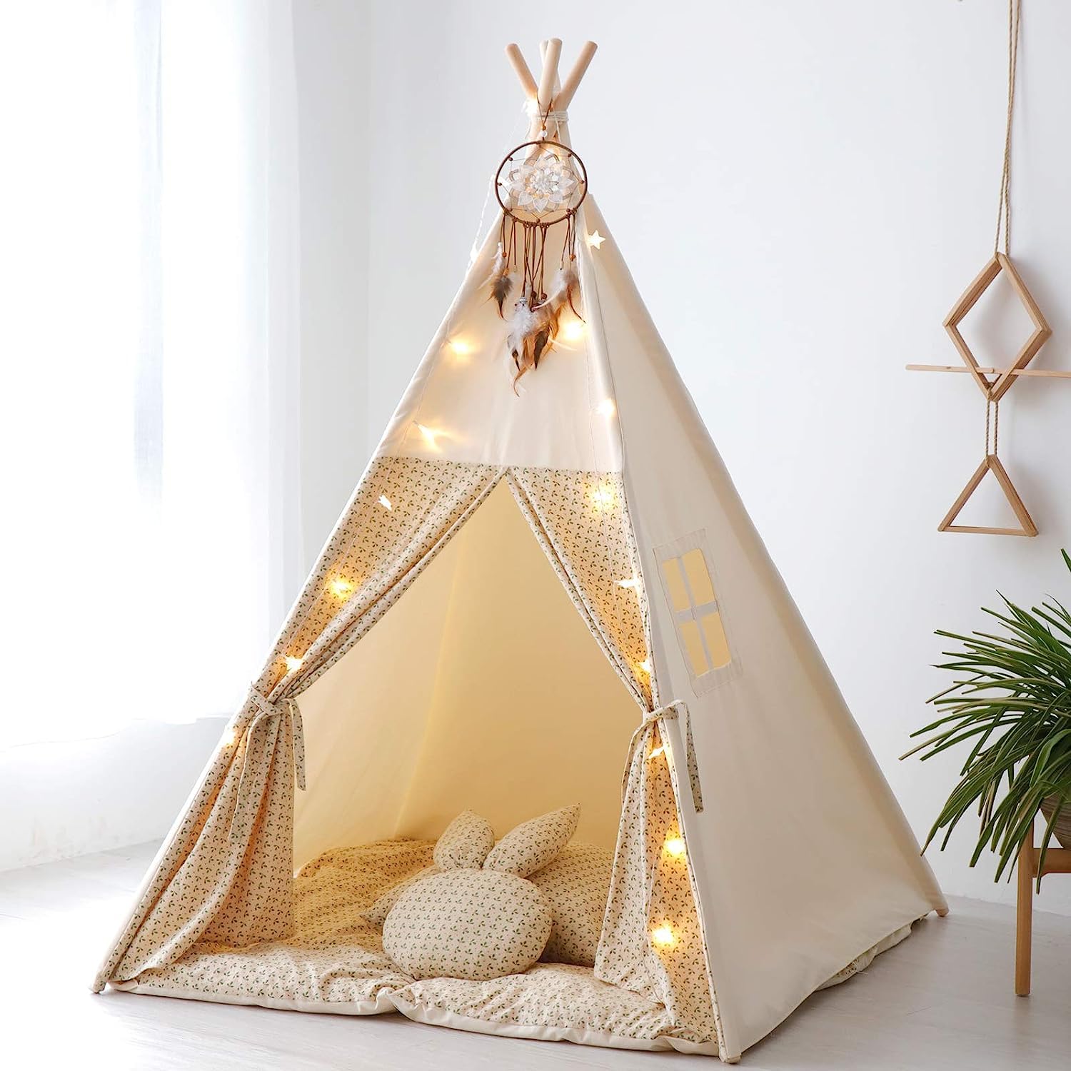 TreeBud Teepee Tent for Kids with Mat,Foldable Play Tents for Girl and Boy with Carrybag,Canvas Tipi Playhouse for Children Indoor Outdoor(Beige & Mat)