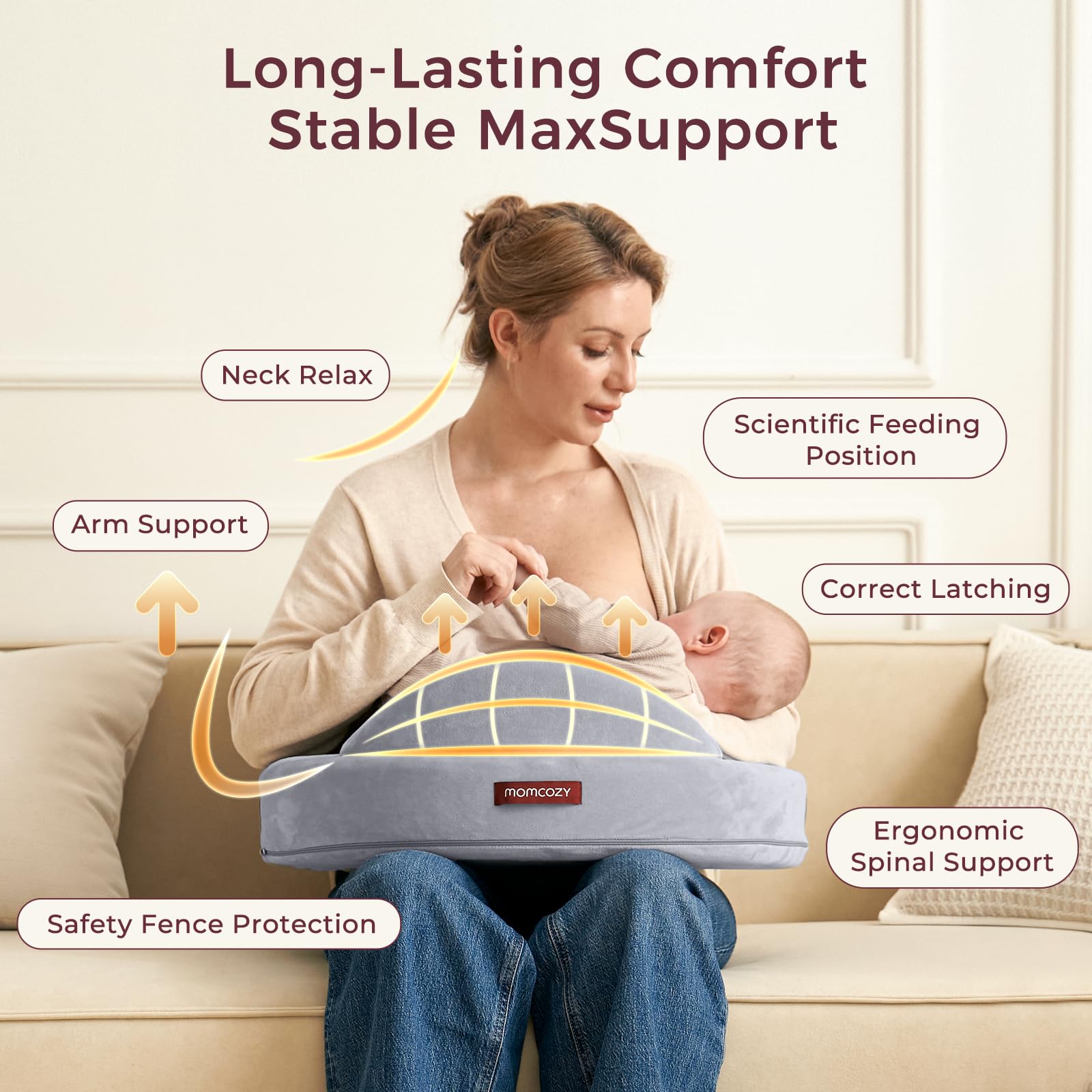 Momcozy Exclusive Memory Foam Nursing Pillow - Pioneering Safety Fence-Plus Size Breastfeeding Pillow for Ergonomic Comfort & Support-Easier and Healthier Nursing - Fit for All, Removable Cover