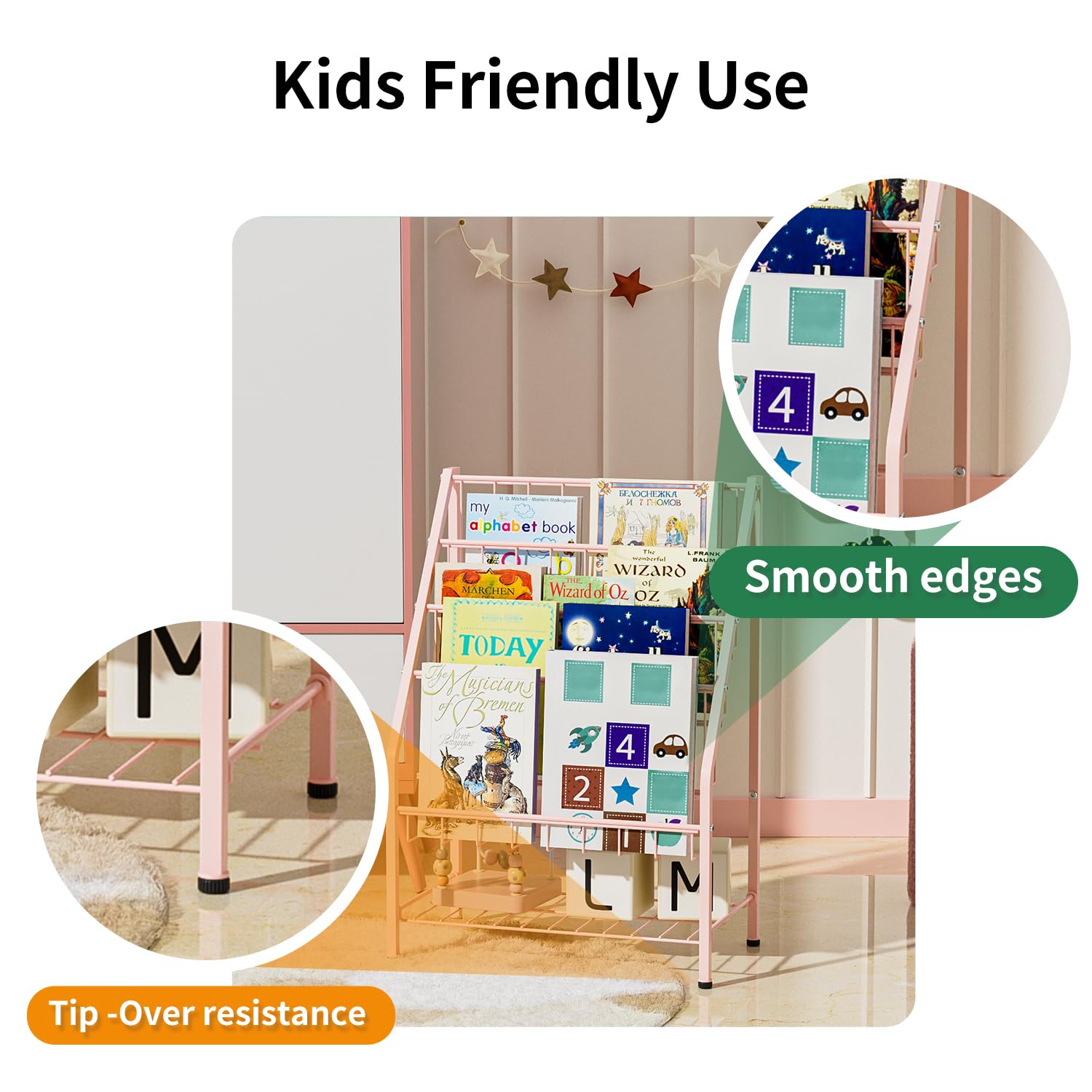 4-Tier Metal Kids Bookshelf with Toy Storage