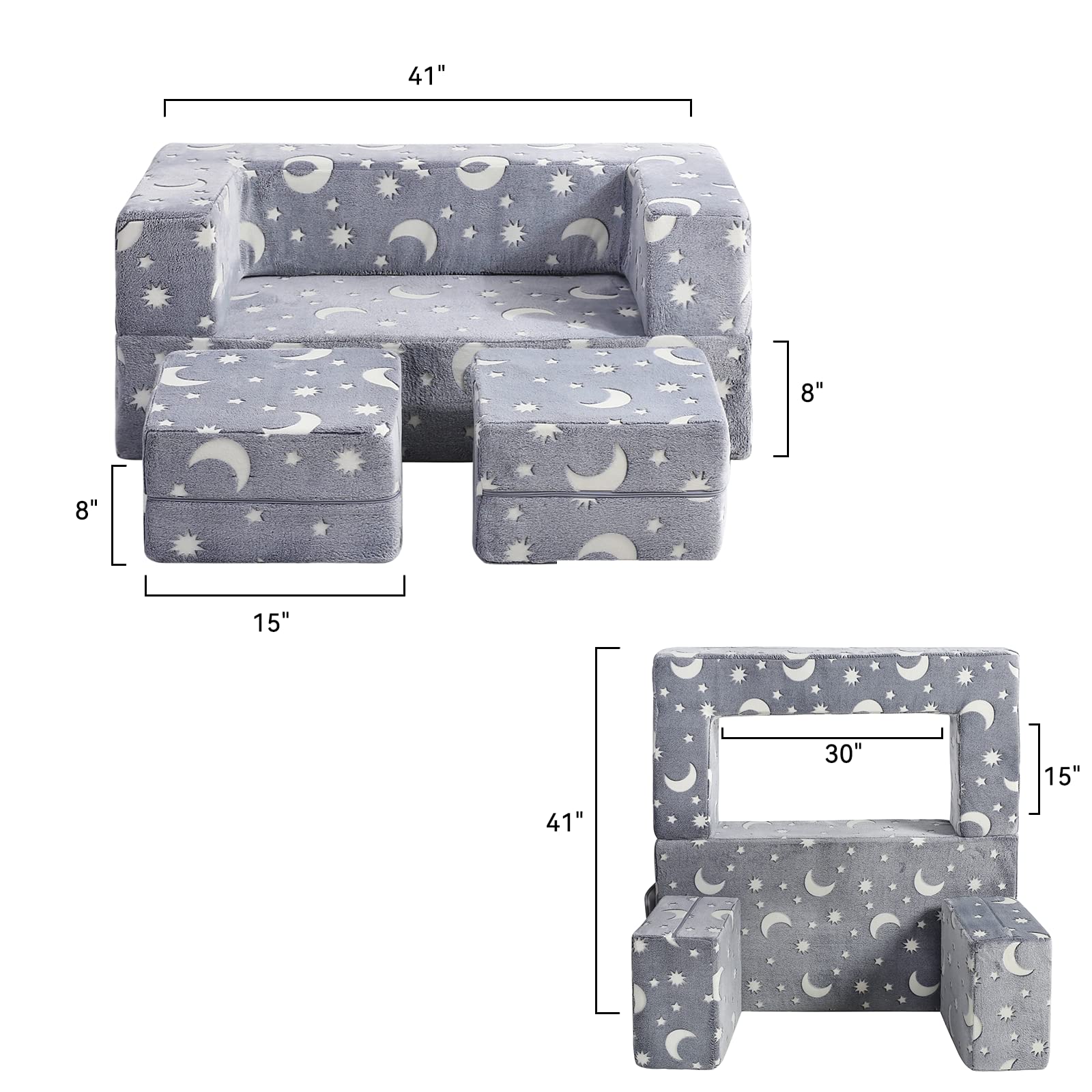 Glow in the Dark Modular Kids Sofa - 3-in-1 Convertible Toddler Couch