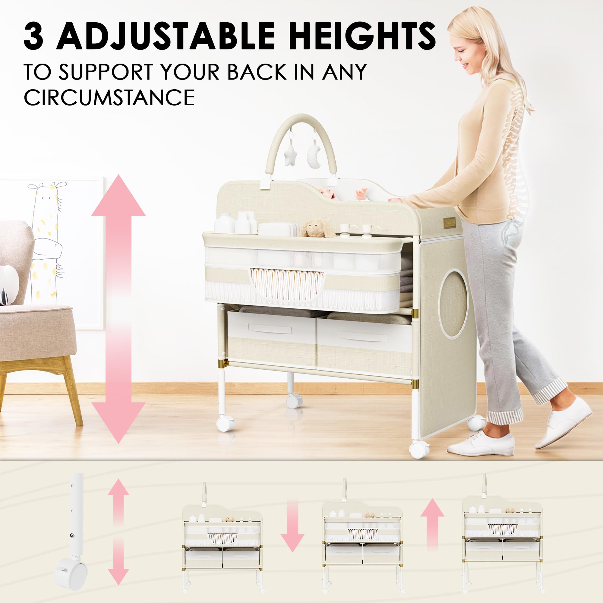 Portable Baby Changing Table with Wheels and Storage