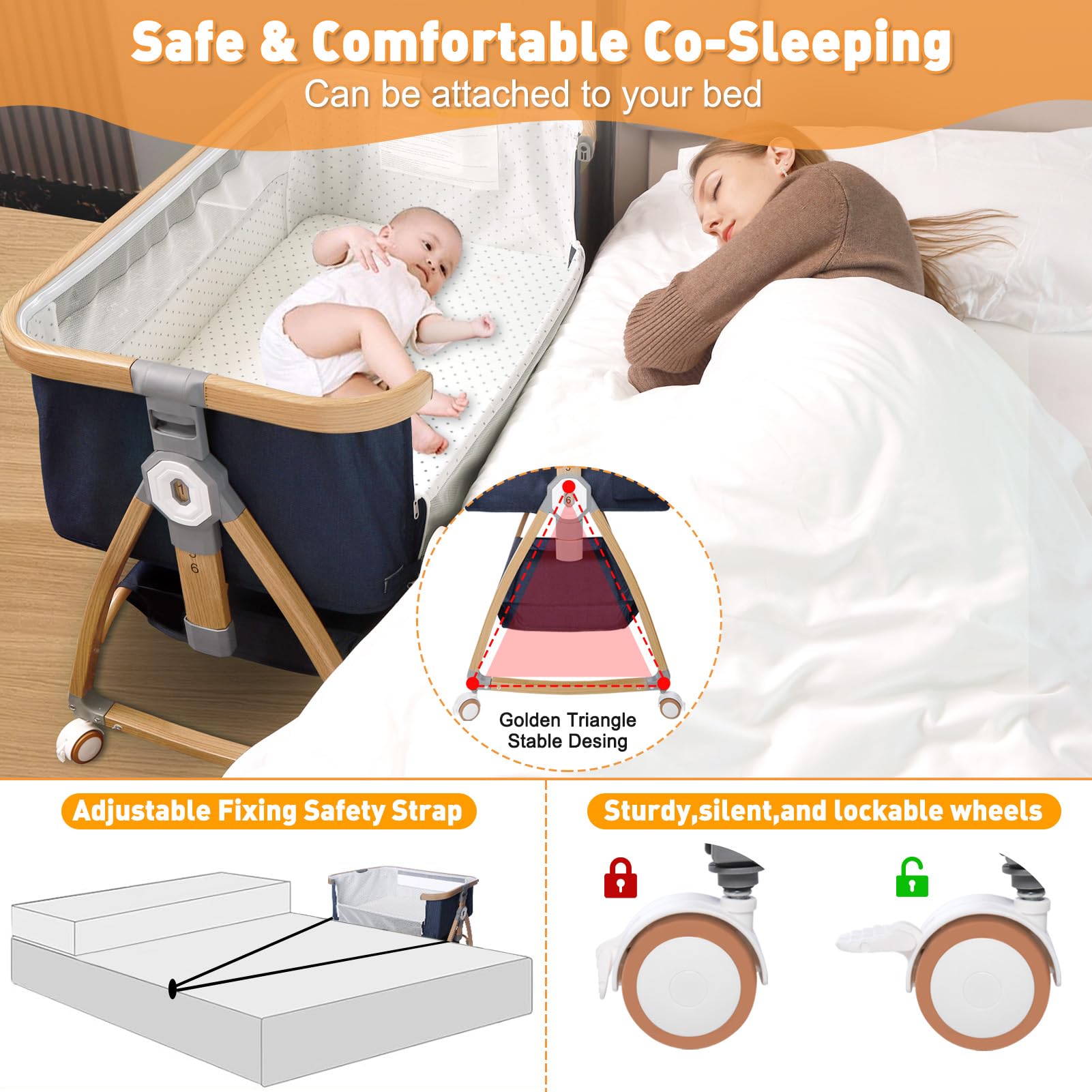 3-in-1 Bedside Baby Bassinet with Adjustable Height